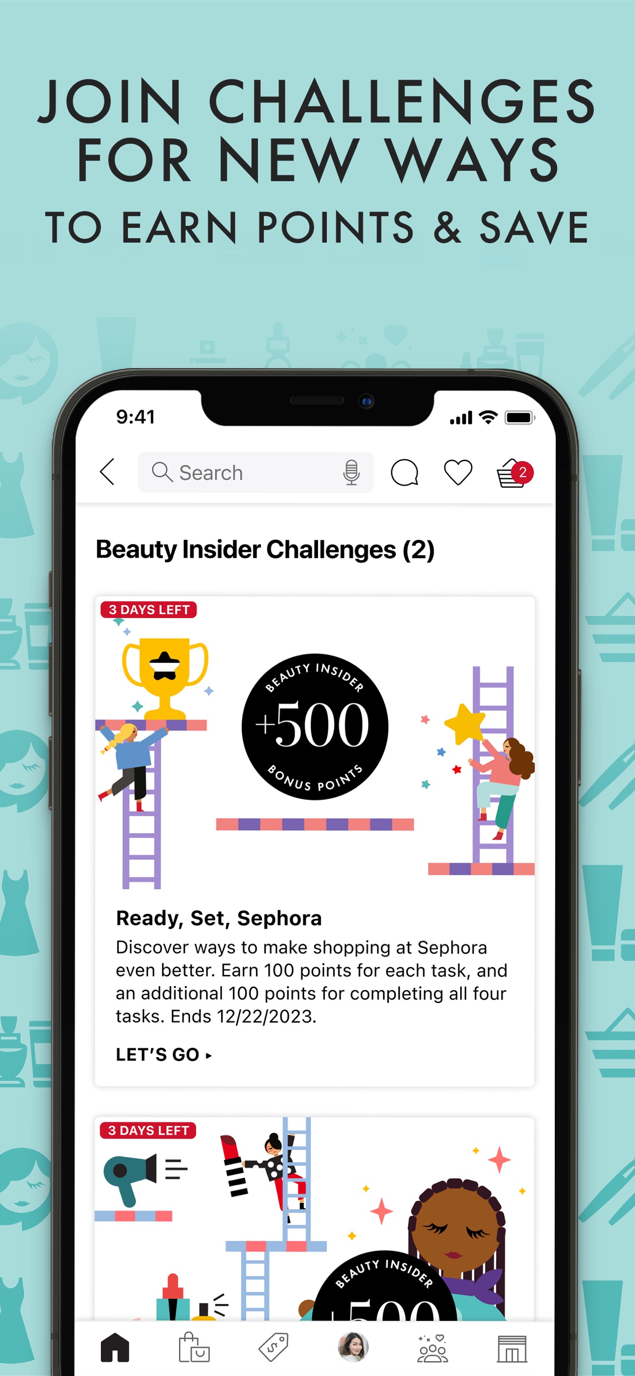 Sephora App Store screenshot: JOIN CHALLENGES FOR NEW WAYS TO EARN POINTS & SAVE