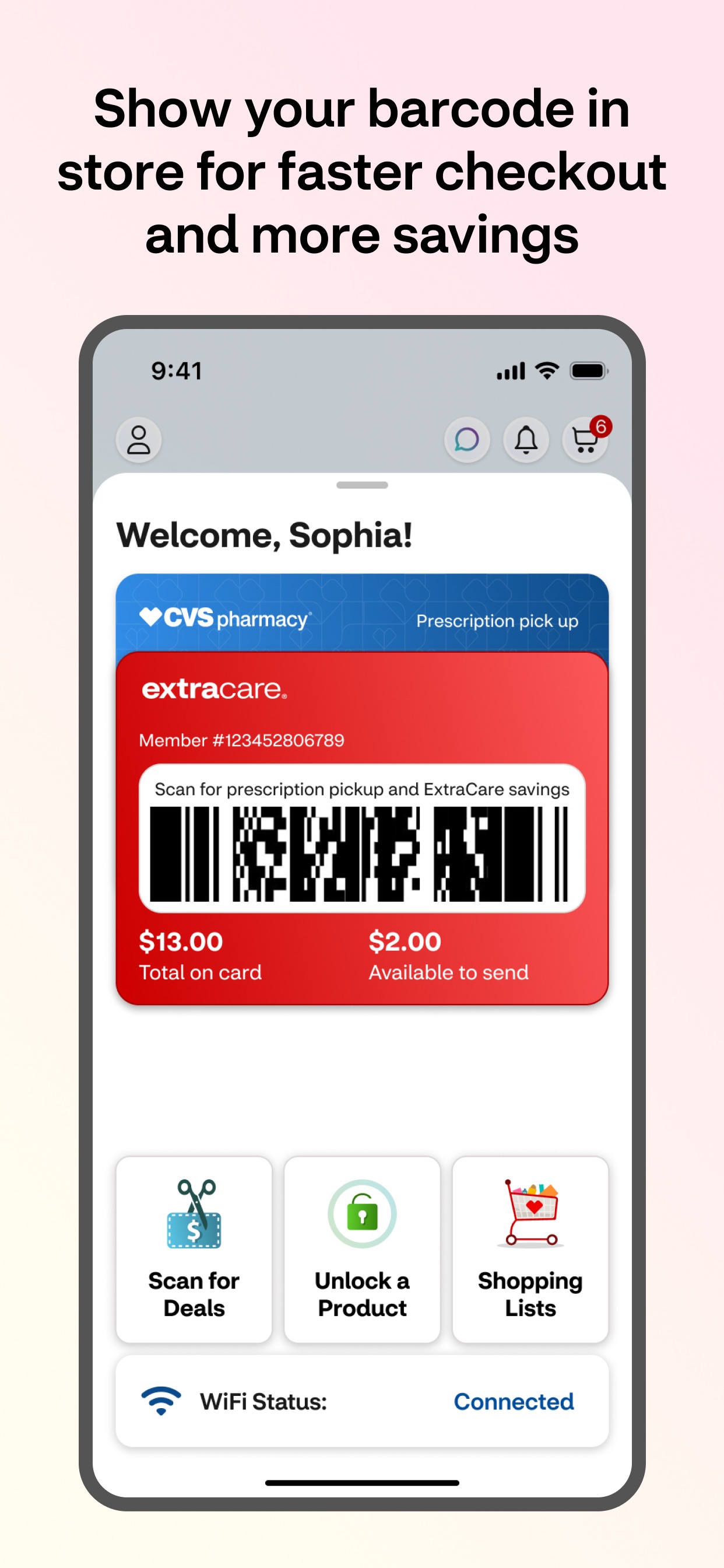 CVS Health App Store screenshot: Show your barcode in store for faster checkout and more savings
