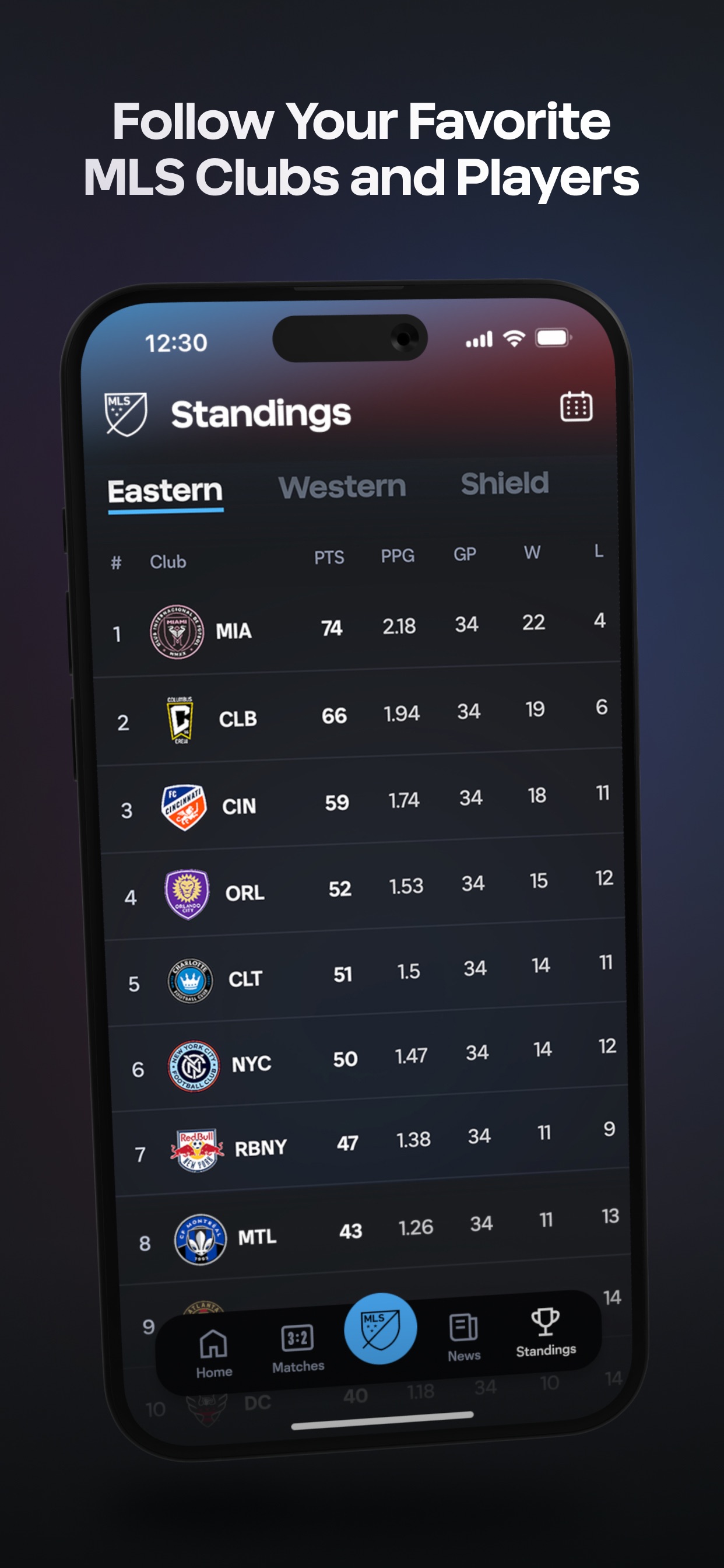 MLS App Store screenshot: Follow Your Favorite MLS Clubs and Players