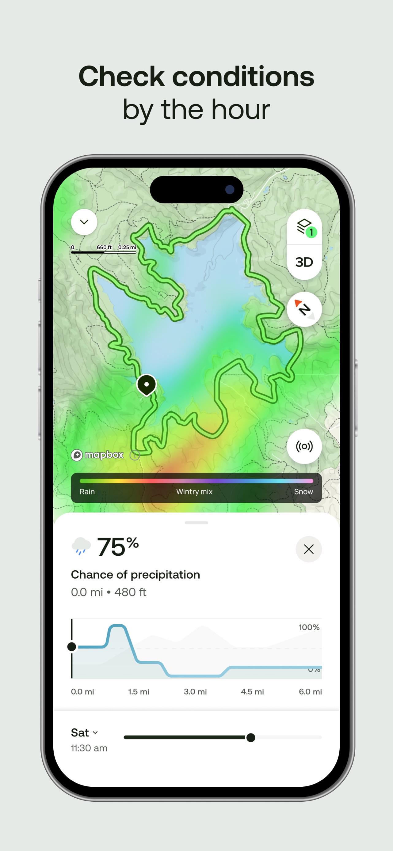 AllTrails App Store screenshot: Check conditions by the hour
