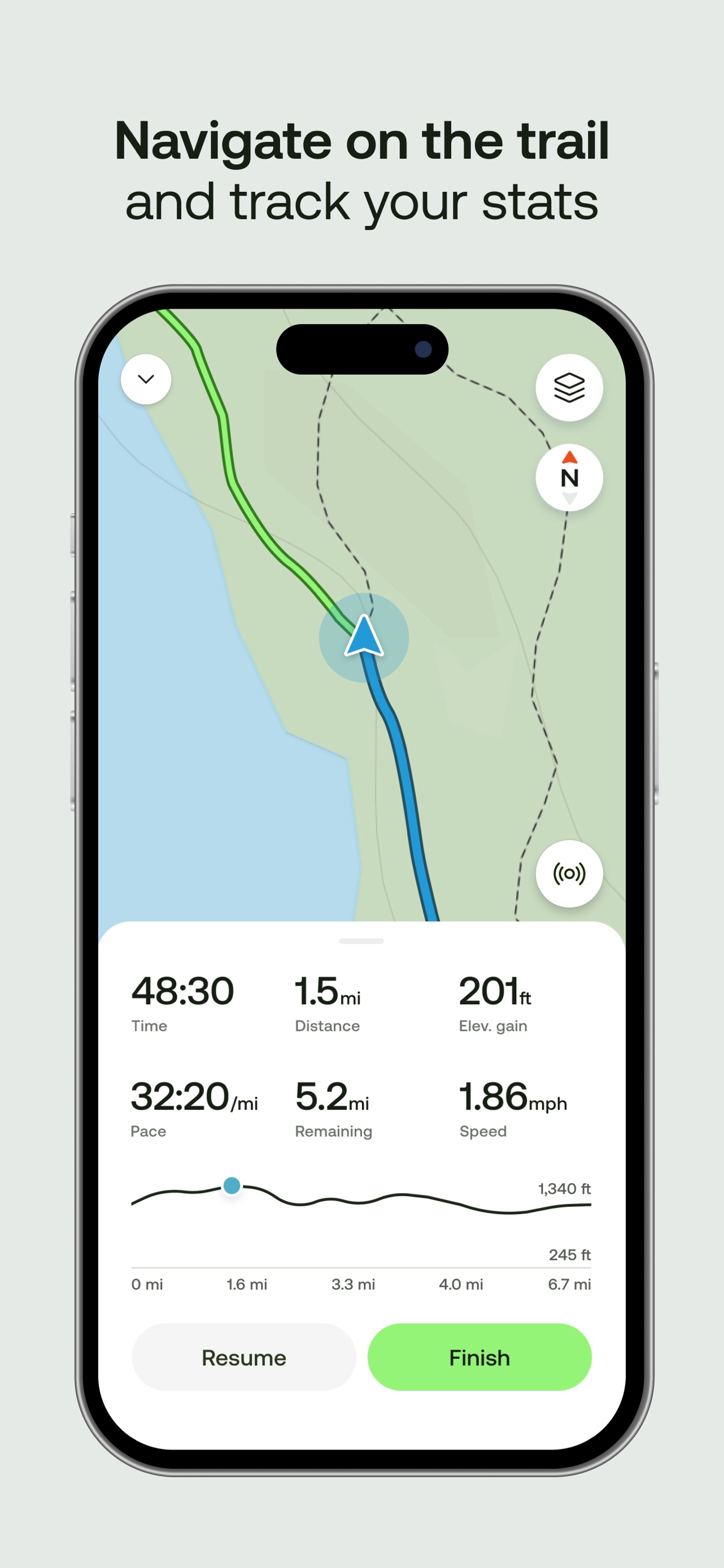 AllTrails App Store screenshot 9: Navigate on the trail and track your stats