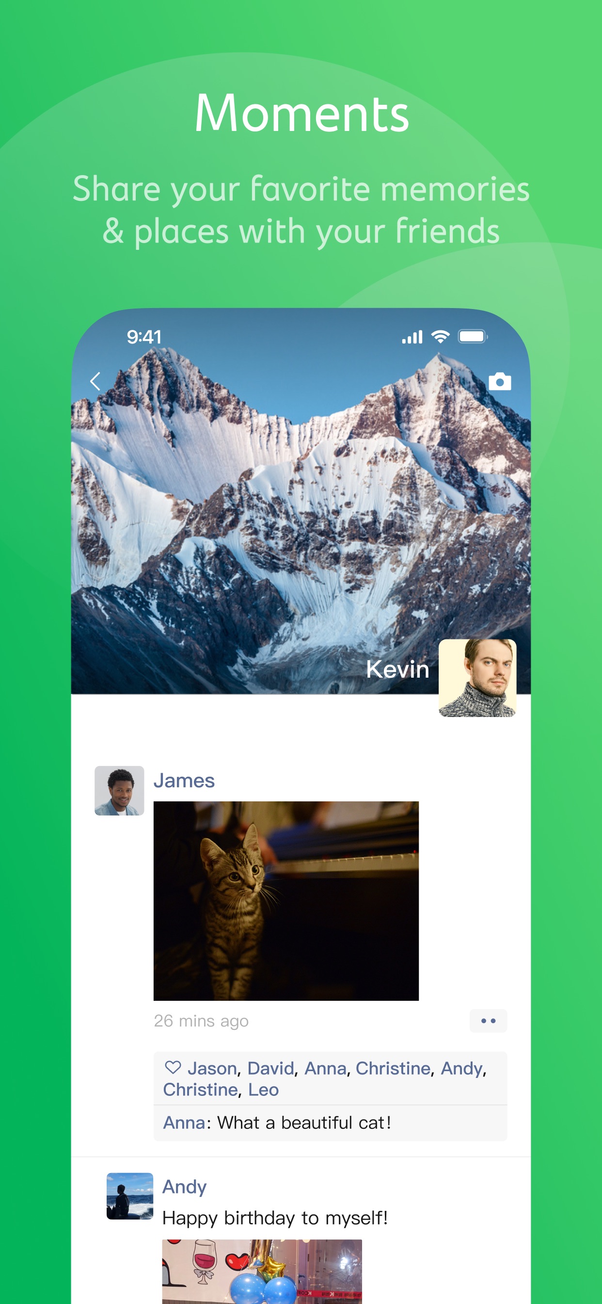 WeChat App Store screenshot: Moments Share your favorite memories & places with your friends