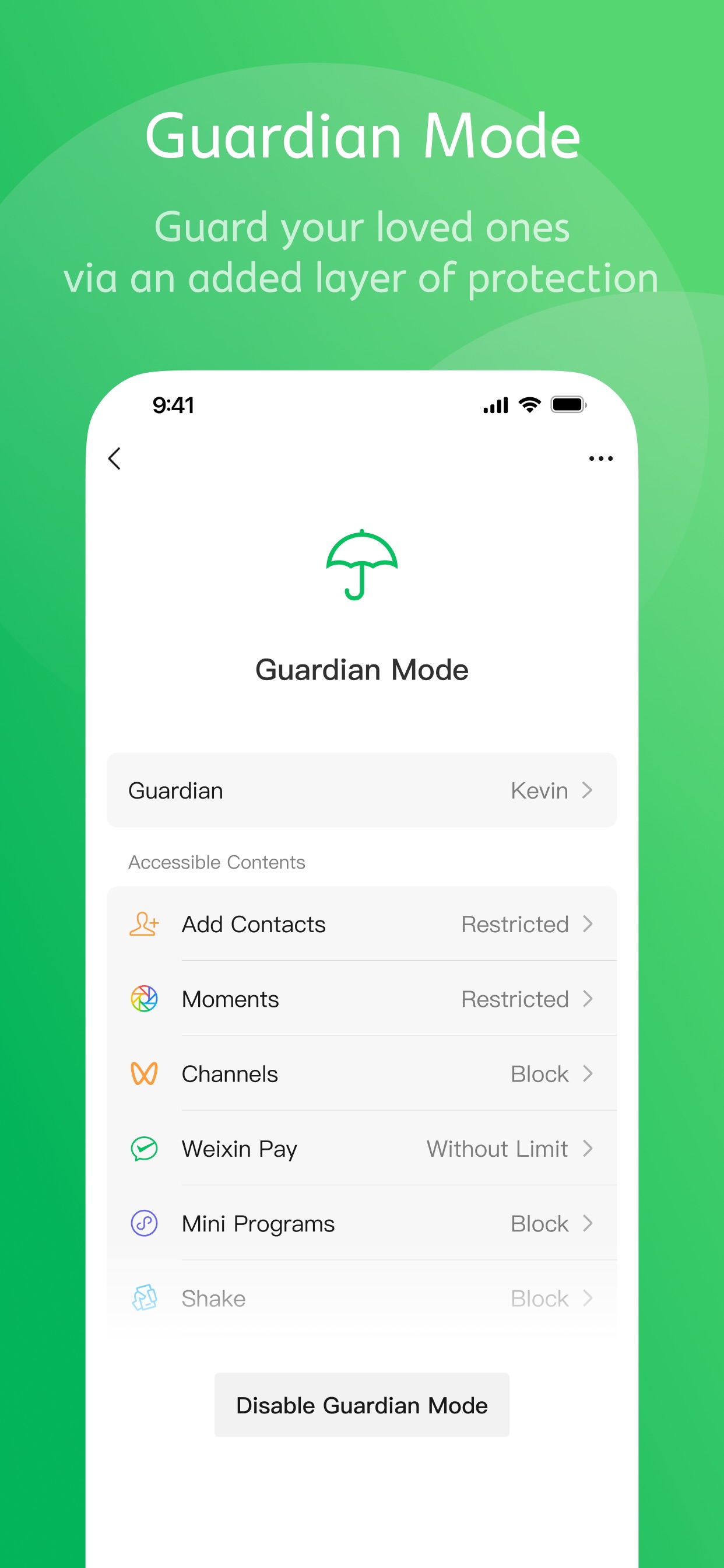 WeChat App Store screenshot 5: Guardian Mode Guard your loved ones via an added layer of protection