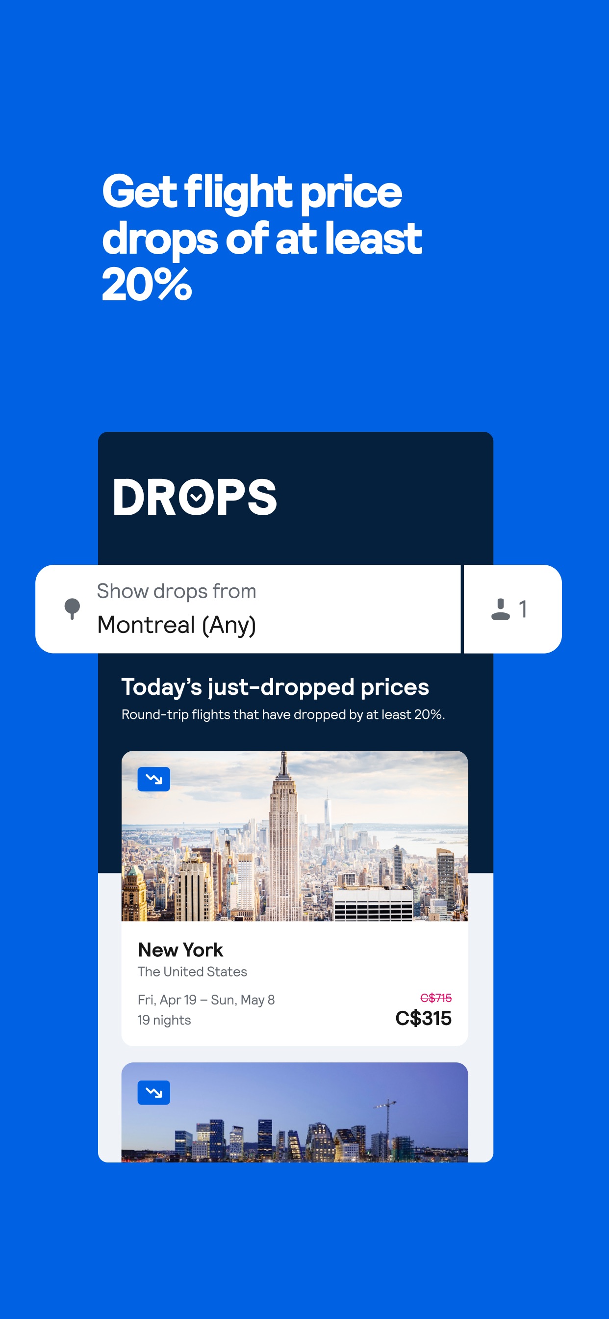 Skyscanner App Store screenshot: Get flight price drops of at least 20%