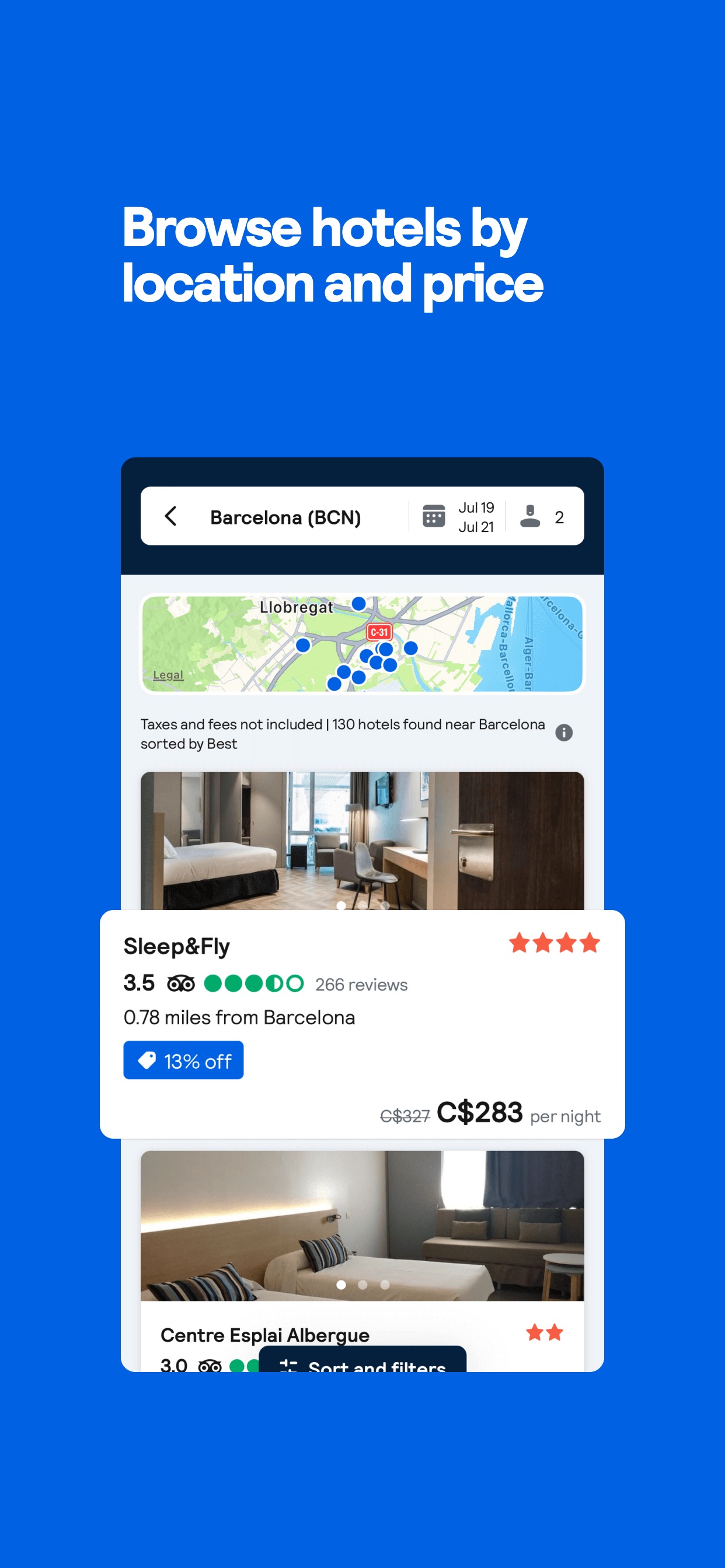 Skyscanner App Store screenshot 8: Browse hotels by location and price