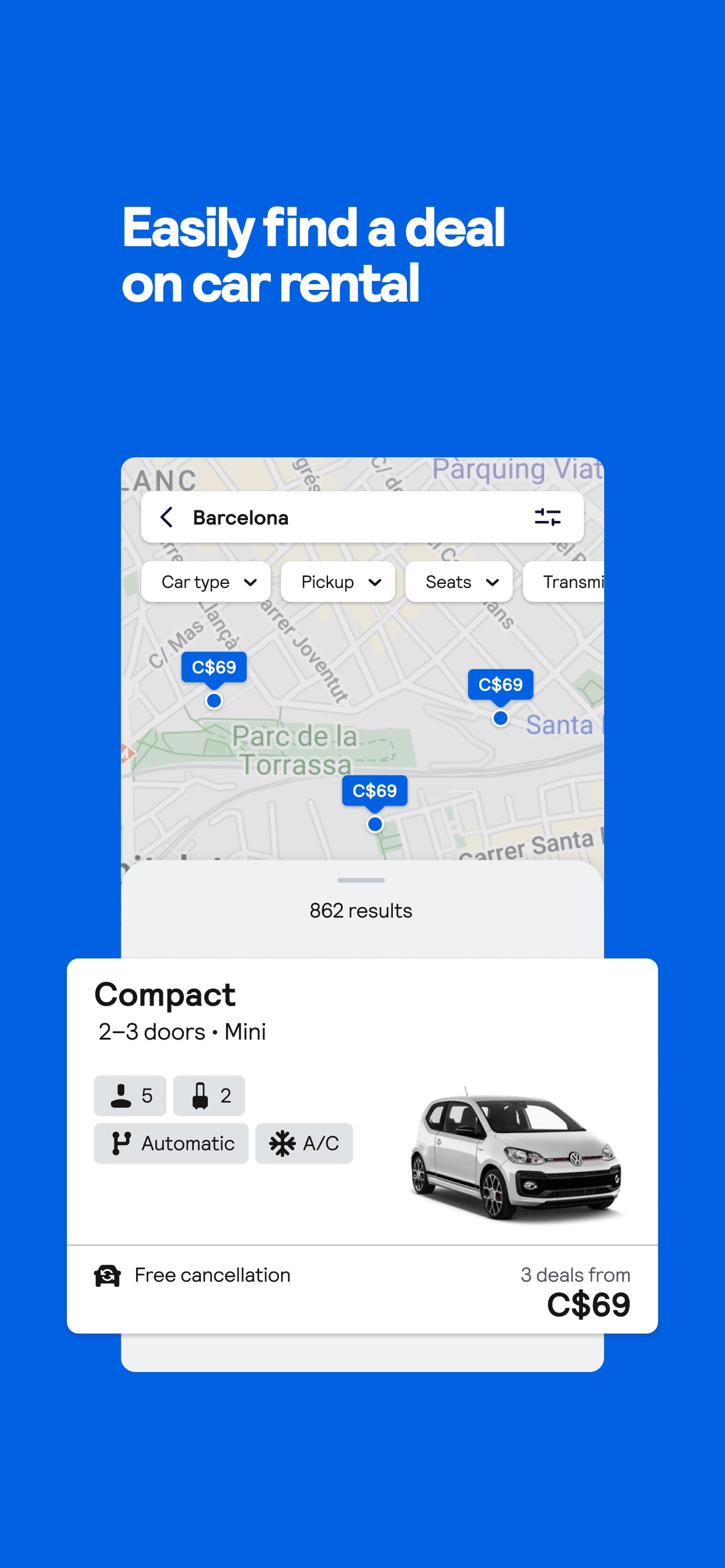 Skyscanner App Store screenshot 9: Easily find a deal on car rental