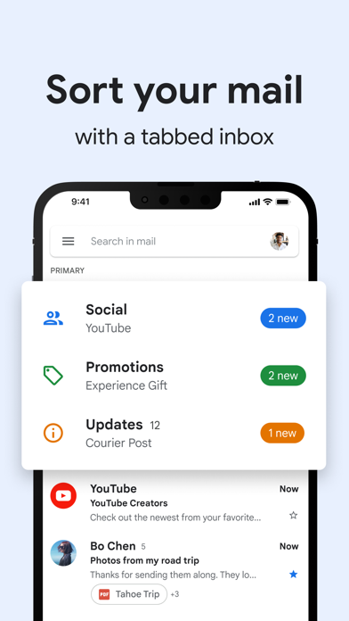 Gmail App Store screenshot: Sort your mail with a tabbed inbox
