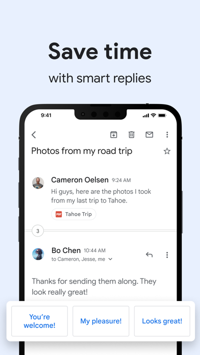 Gmail App Store screenshot: Save time with smart replies
