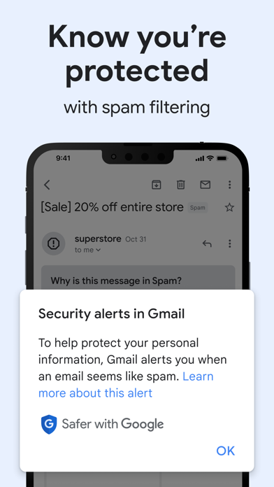 Gmail App Store screenshot 9: Know you're protected with spam filtering
