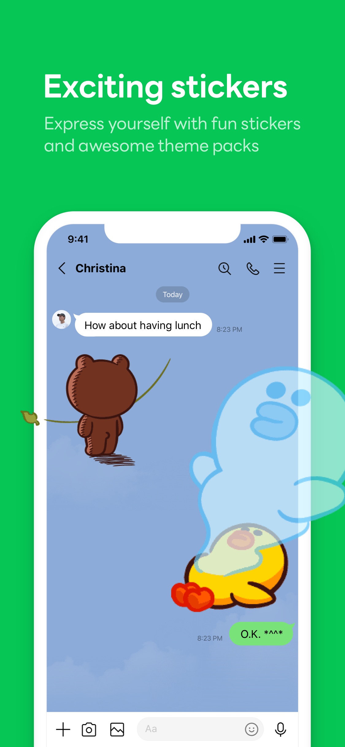 LINE App Store screenshot: Exciting stickers
Express yourself with fun stickers
and awesome theme packs