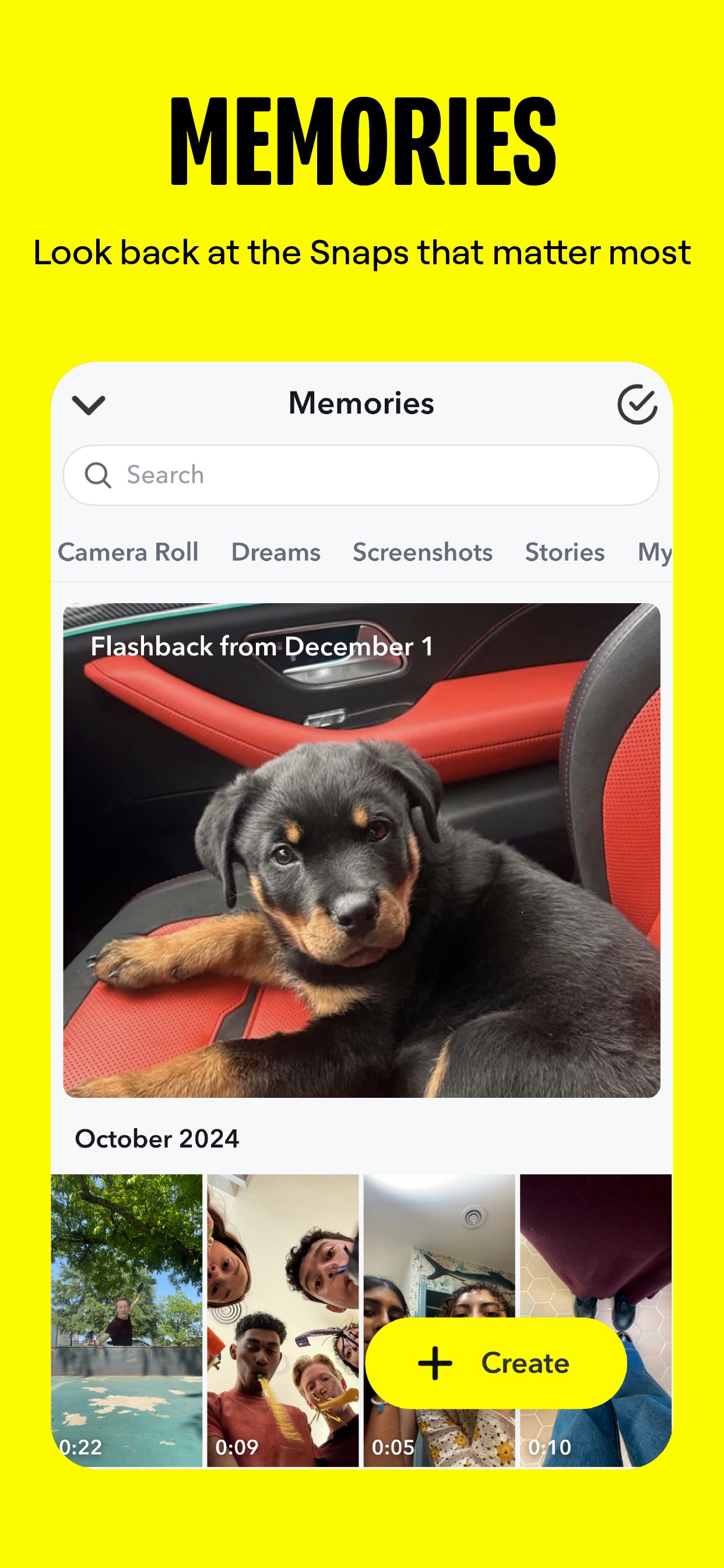 Snapchat App Store screenshot 9: MEMORIES
Look back at the Snaps that matter most