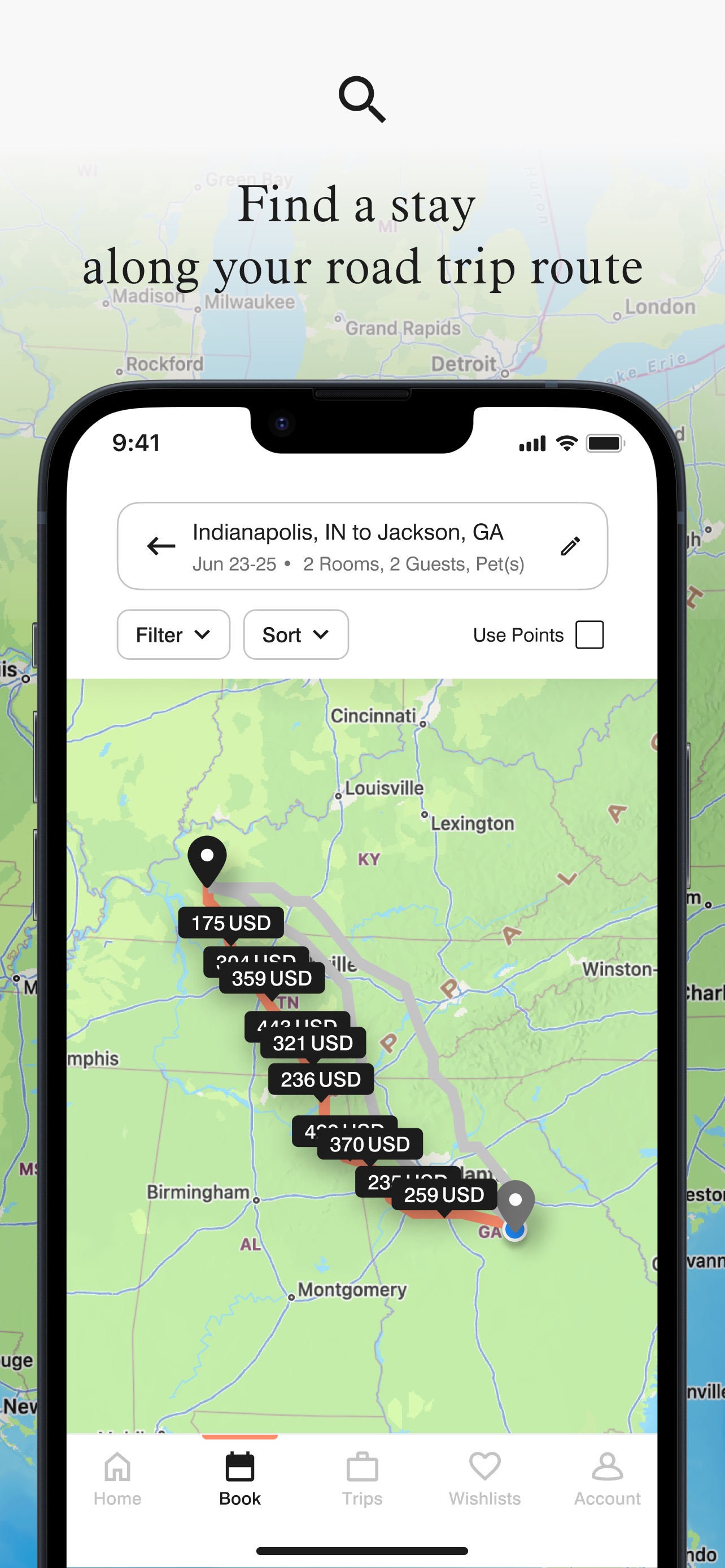 Marriott Bonvoy App Store screenshot 9: Find a stay along your road trip route