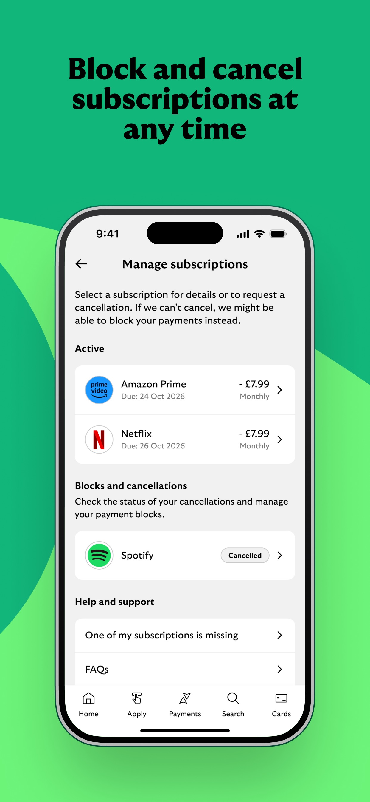Lloyds Mobile Banking App Store screenshot 5: Block and cancel subscriptions at any time