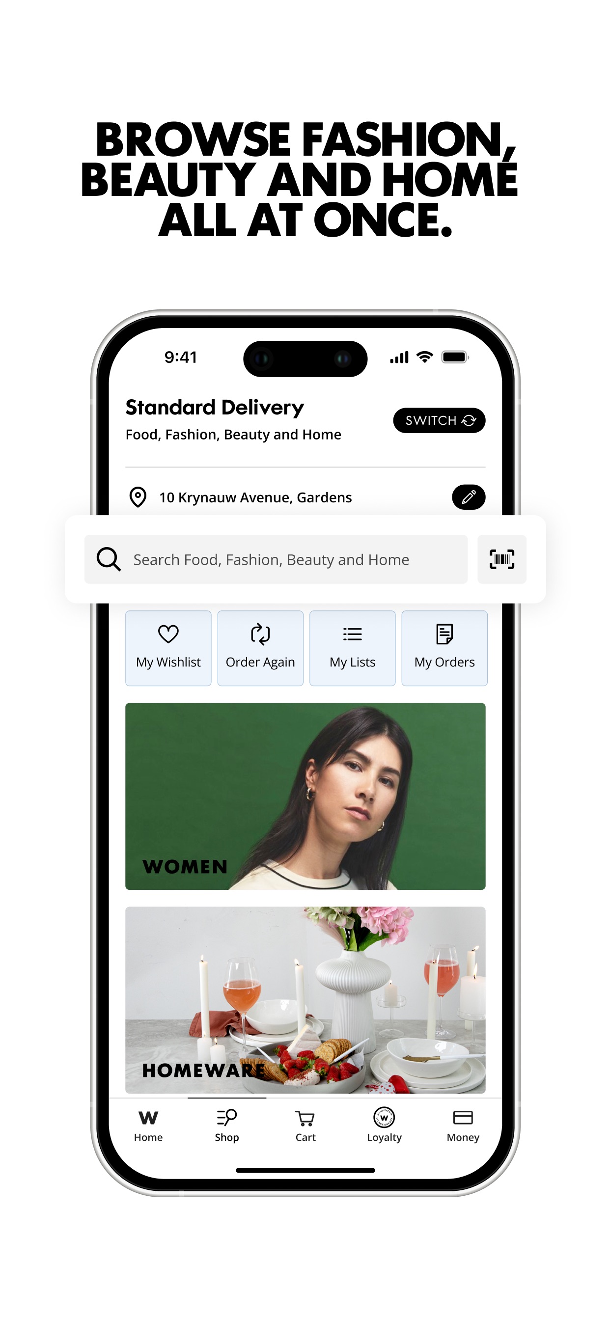 Woolworths App Store screenshot: BROWSE FASHION, BEAUTY AND HOME ALL AT ONCE.