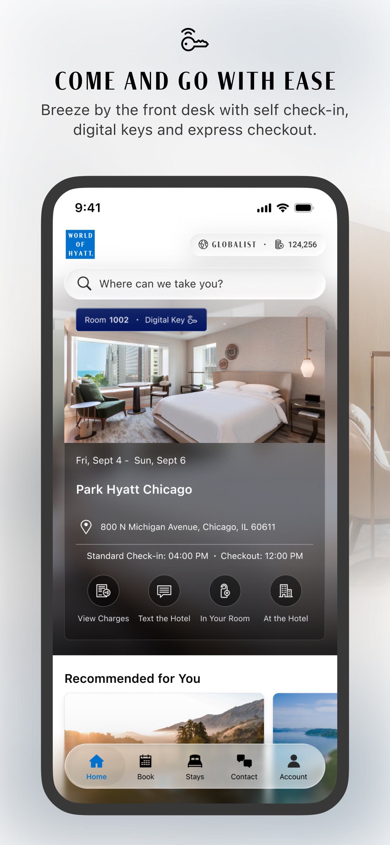World of Hyatt App Store screenshot 5: COME AND GO WITH EASE Breeze by the front desk with self check-in, digital keys and express checkout.