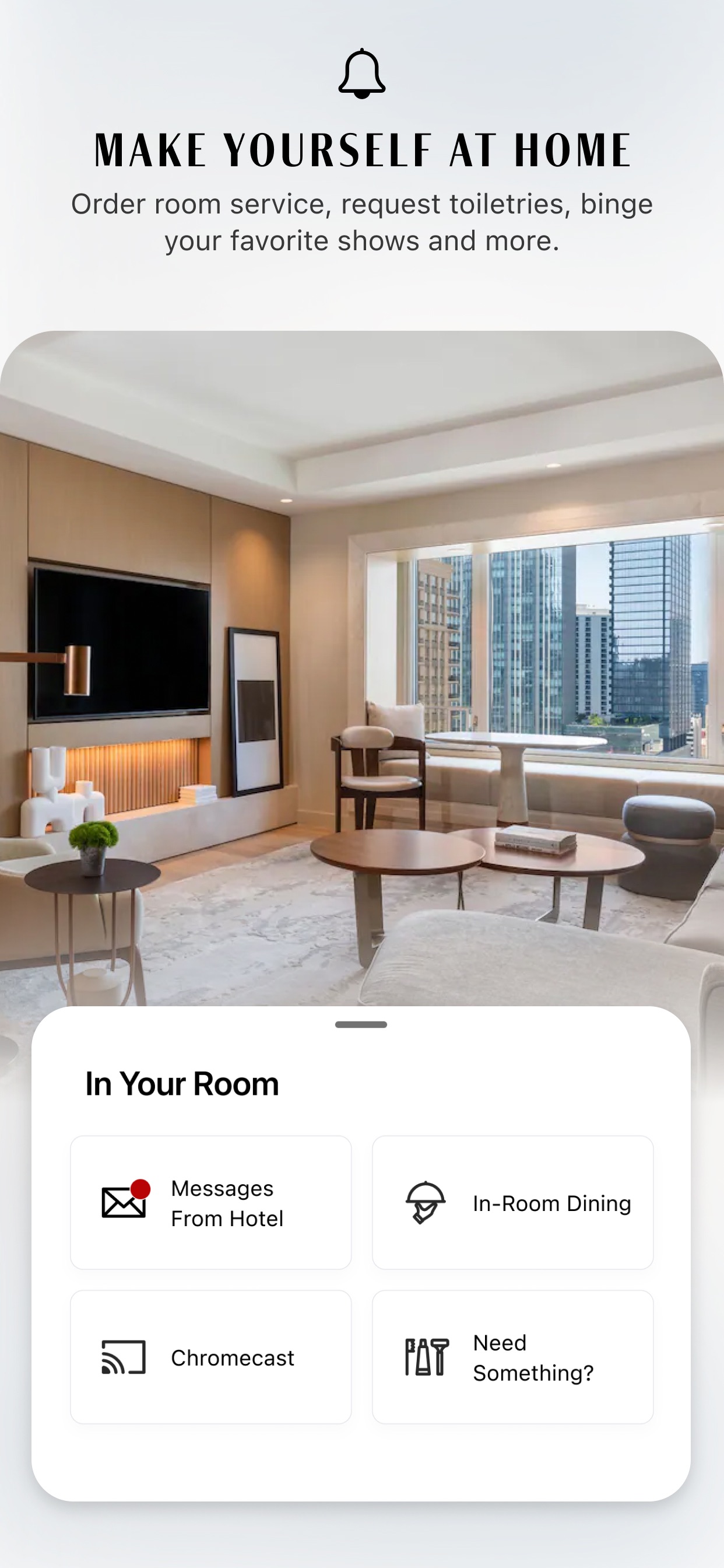 World of Hyatt App Store screenshot: MAKE YOURSELF AT HOME Order room service, request toiletries, binge your favorite shows and more.