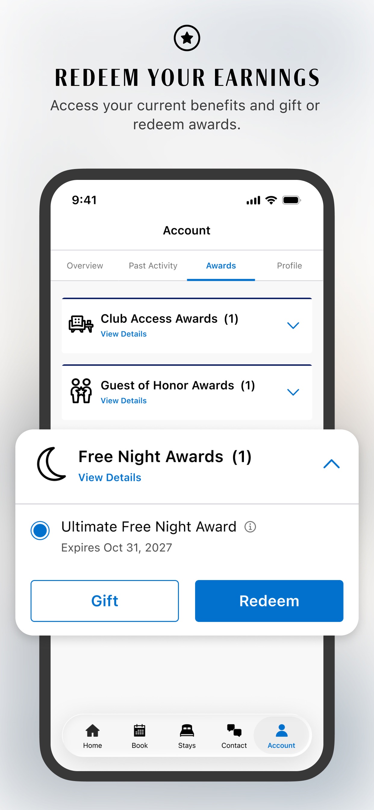 World of Hyatt App Store screenshot 8: REDEEM YOUR EARNINGS Access your current benefits and gift or redeem awards.