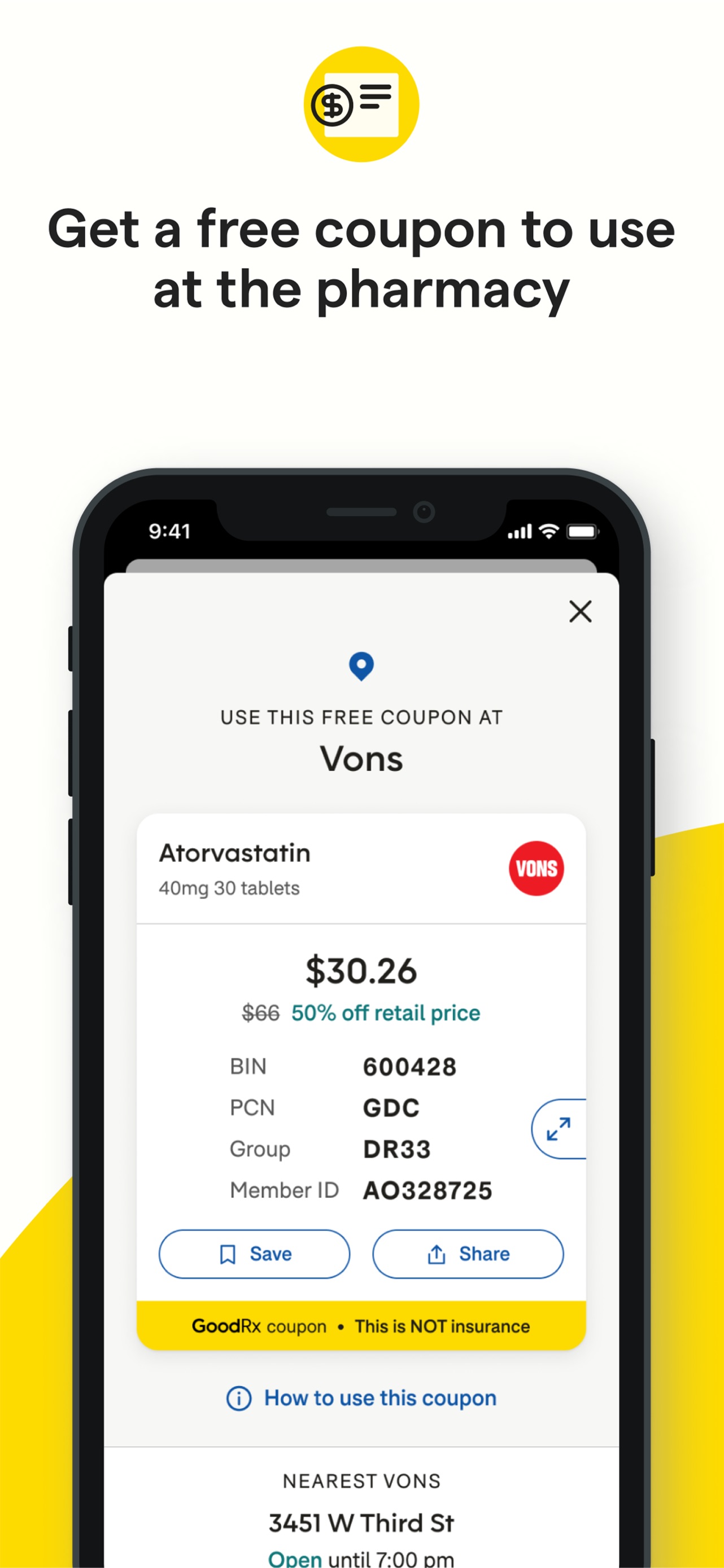 GoodRx App Store screenshot: Get a free coupon to use at the pharmacy