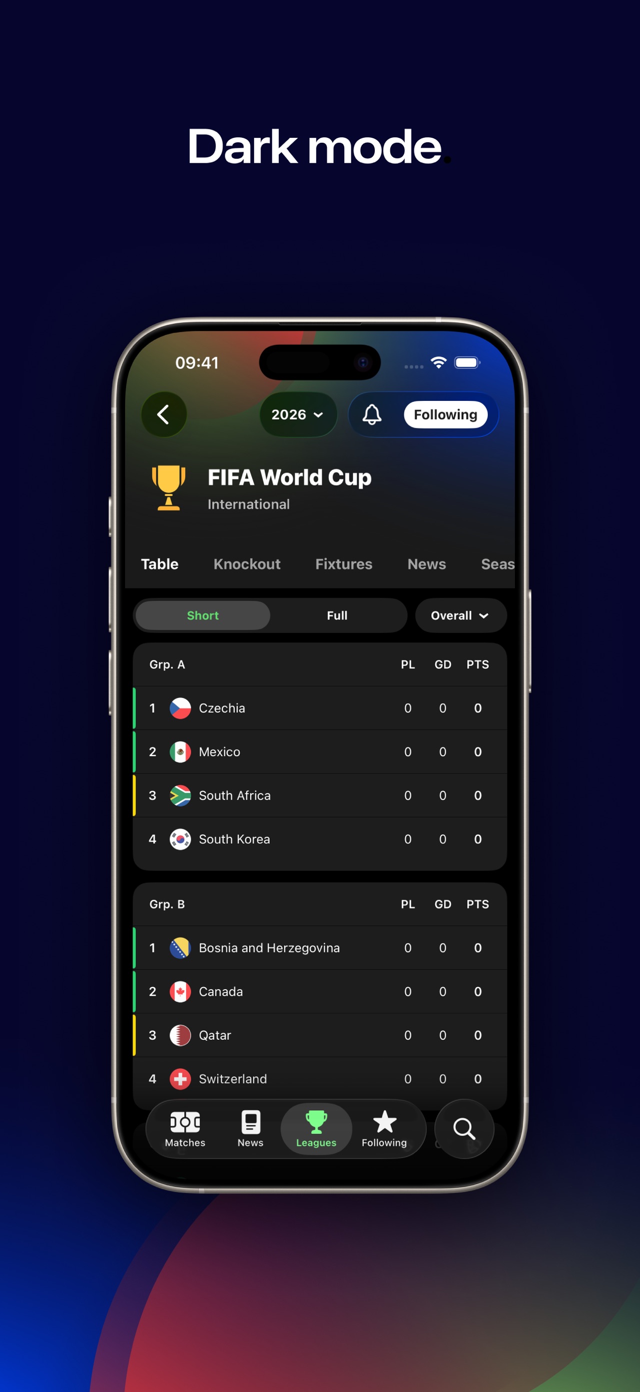 FotMob App Store screenshot: Dark mode