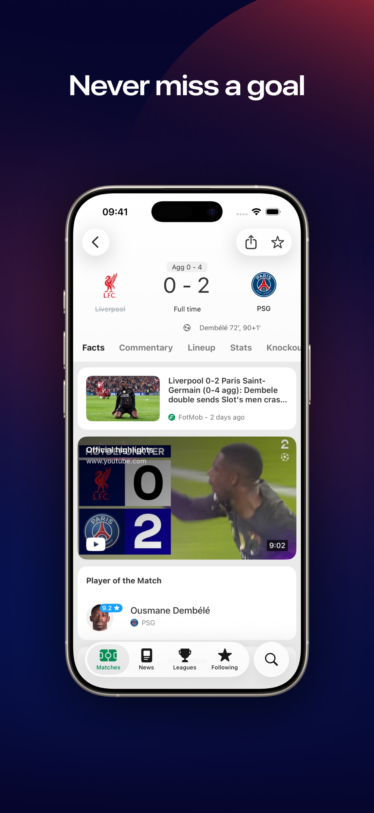 FotMob App Store screenshot 5: Never miss a goal