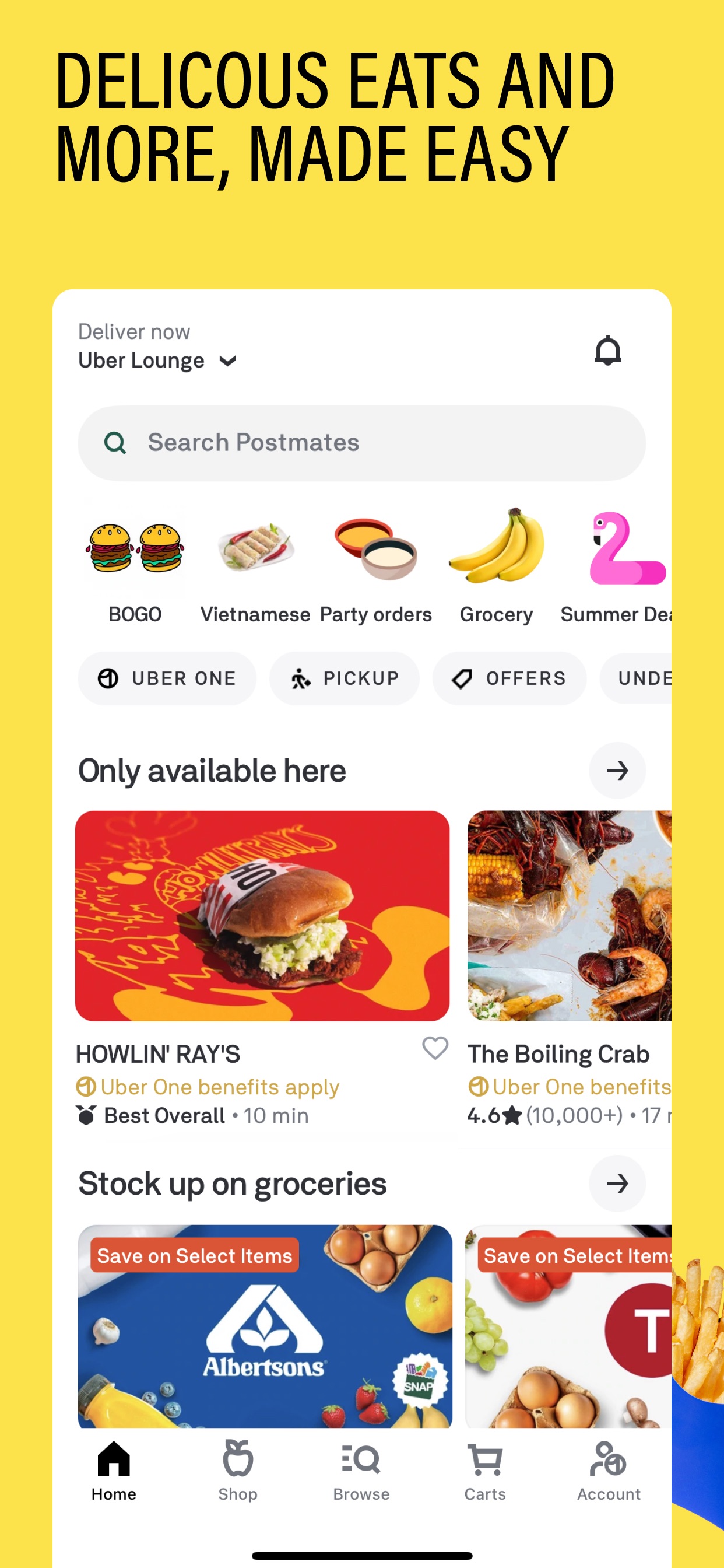Postmates App Store screenshot: DELICIOUS EATS AND MORE, MADE EASY
