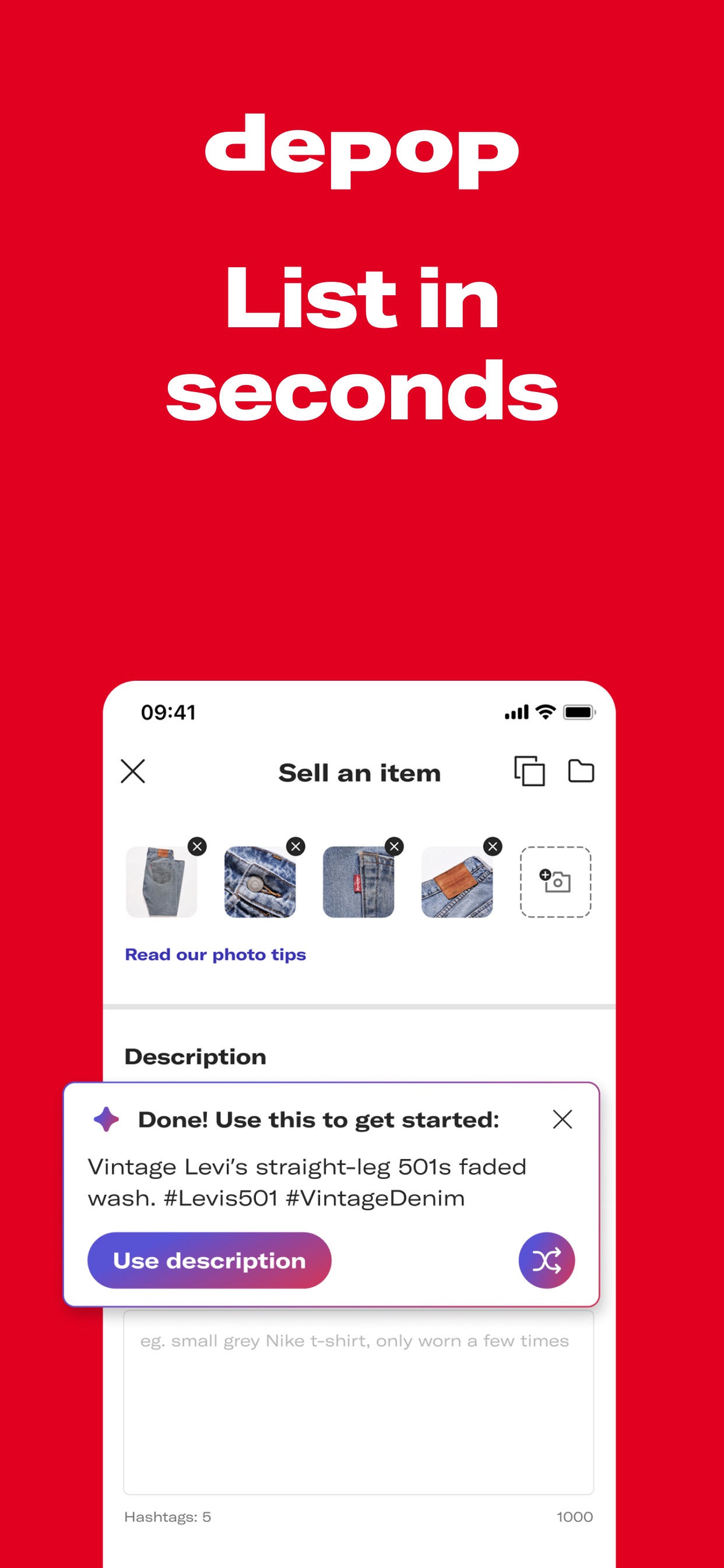 Depop App Store screenshot: List in seconds