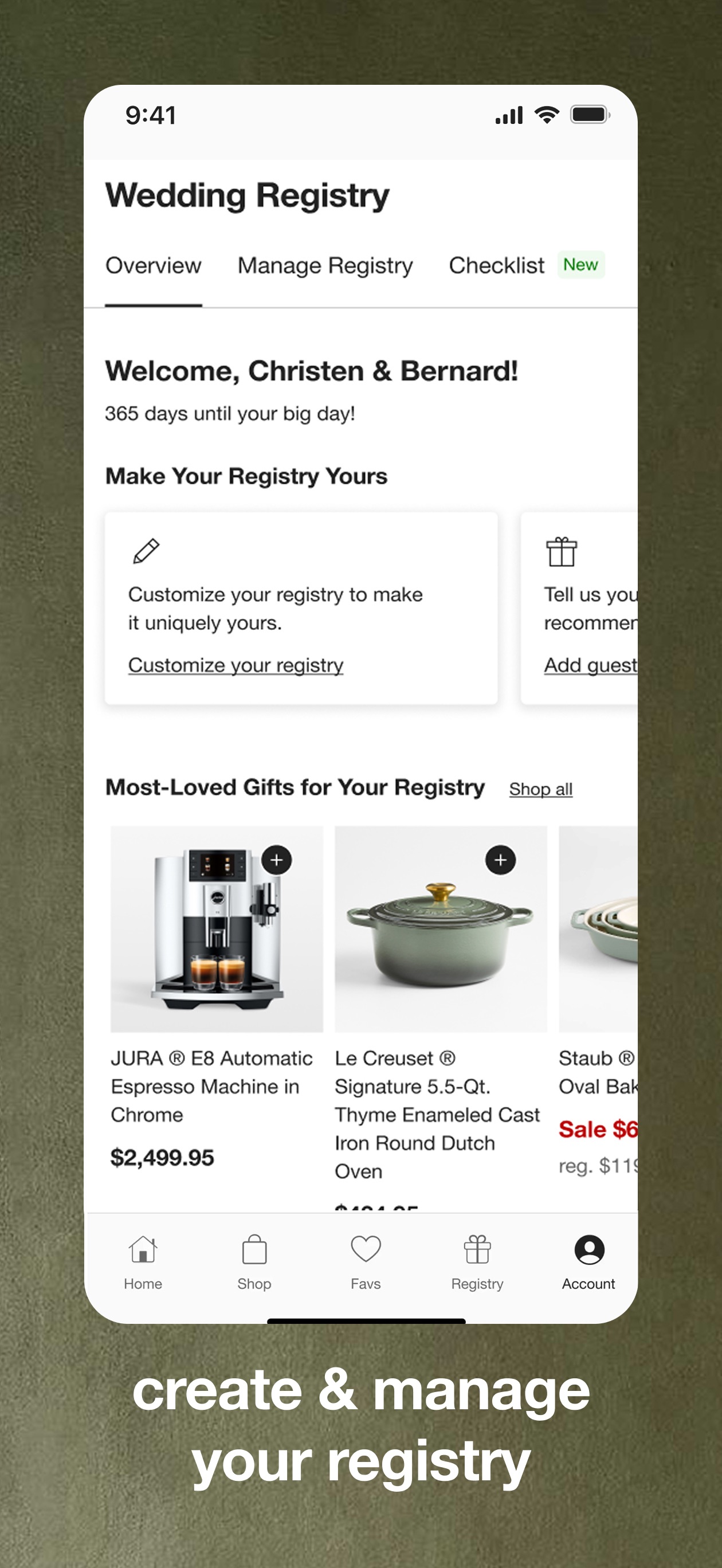 Crate & Barrel App Store screenshot: create & manage your registry