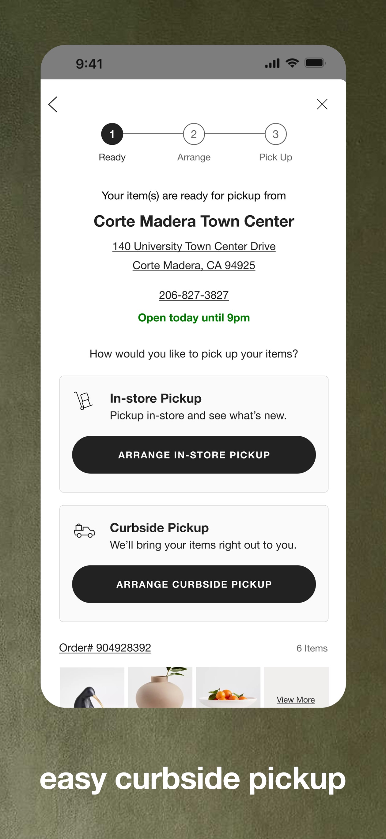 Crate & Barrel App Store screenshot: easy curbside pickup