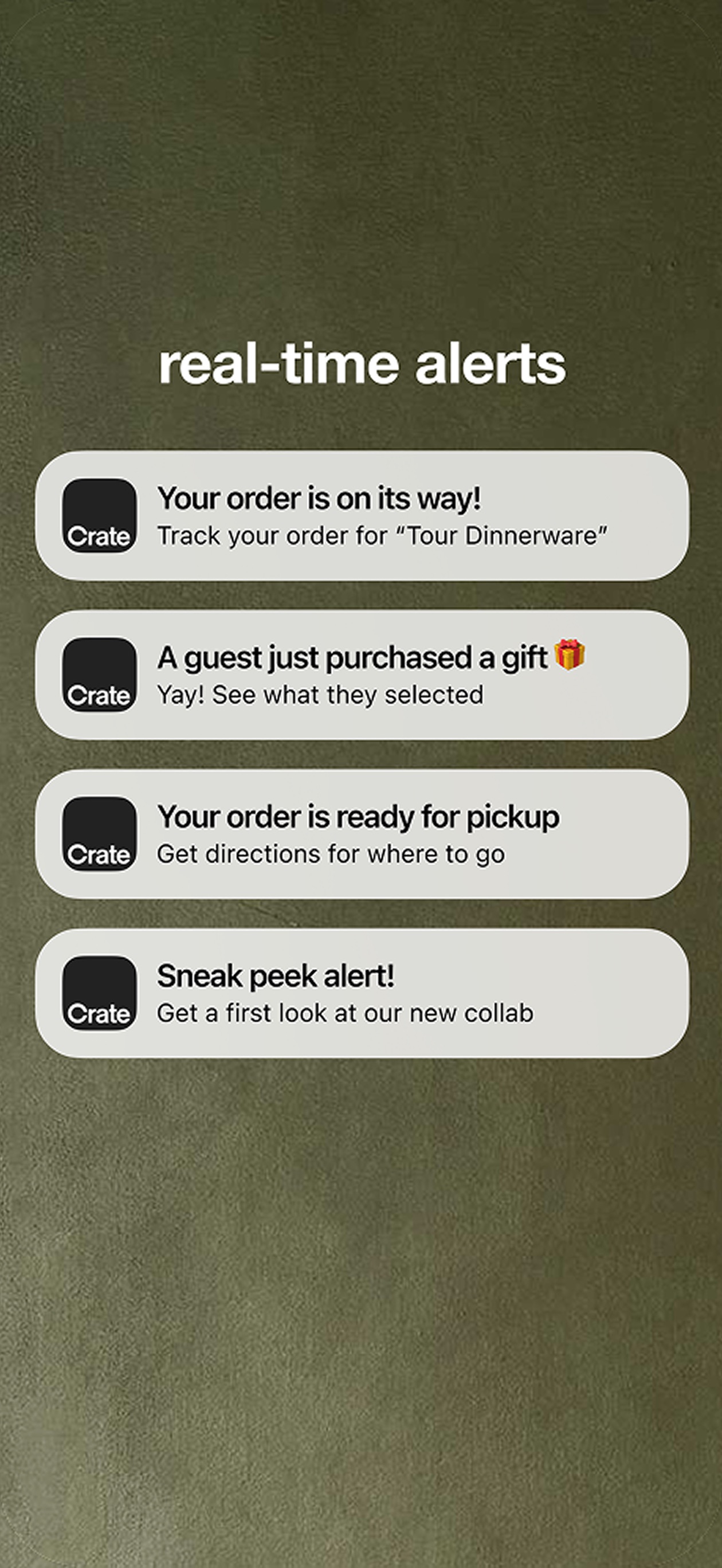Crate & Barrel App Store screenshot: real-time alerts