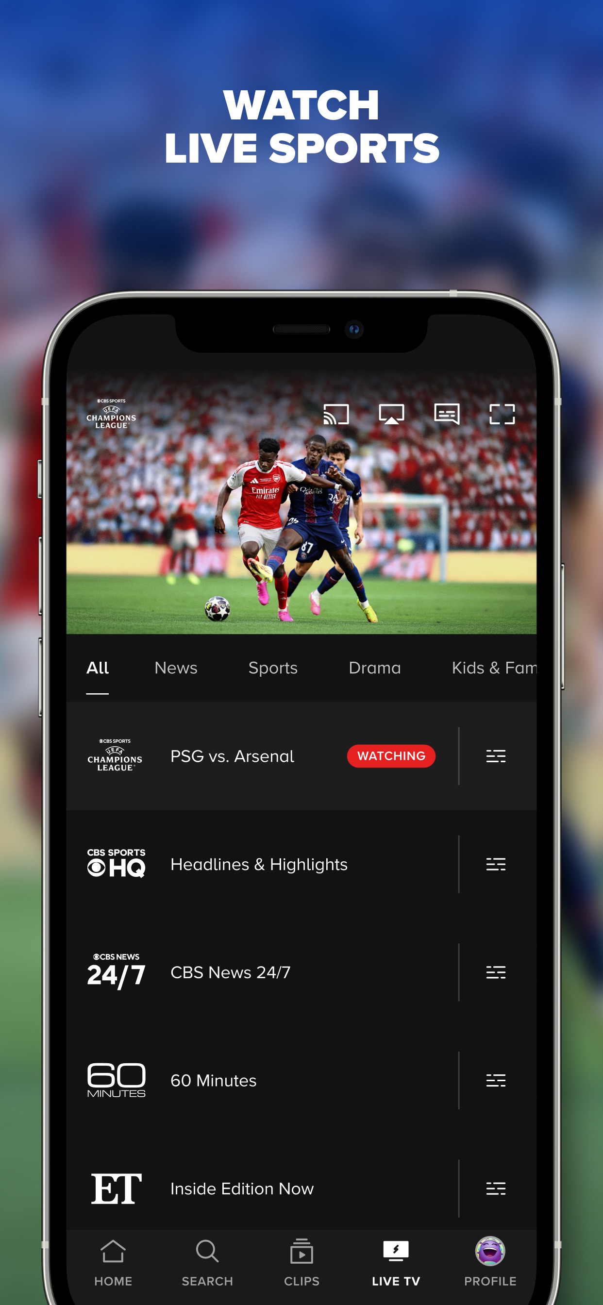 Paramount+ App Store screenshot: WATCH LIVE SPORTS