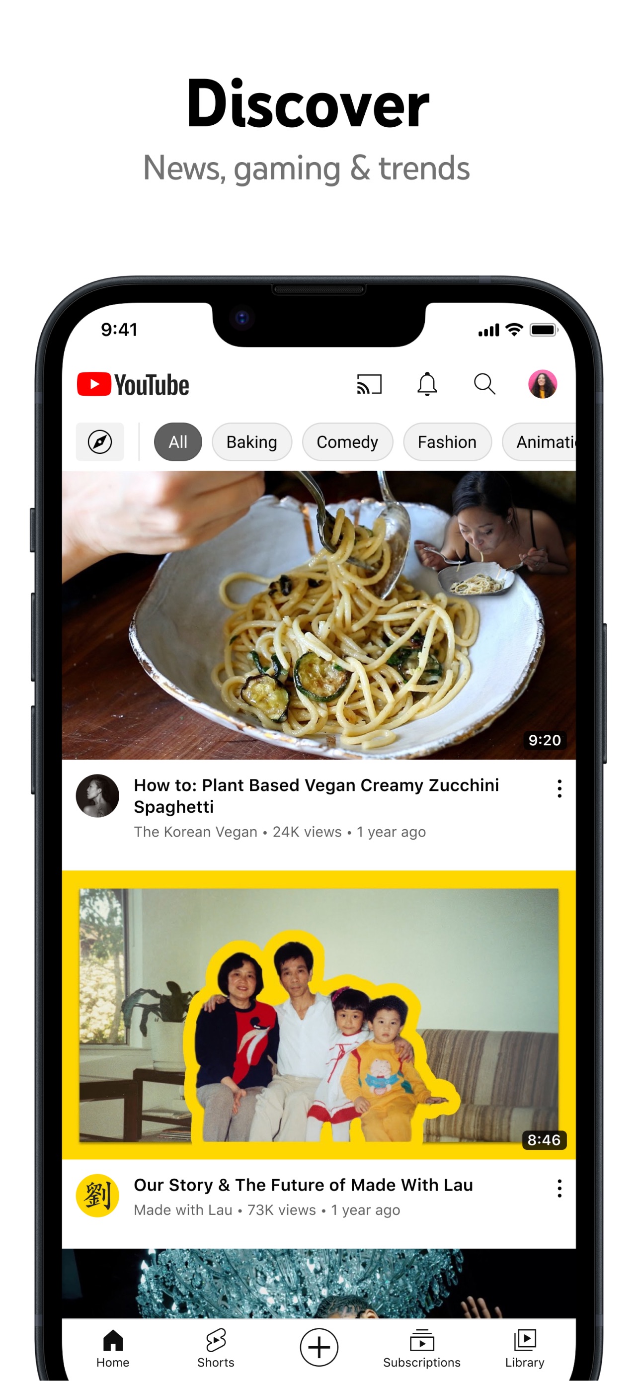 YouTube App Store screenshot: Discover
News, gaming & trends