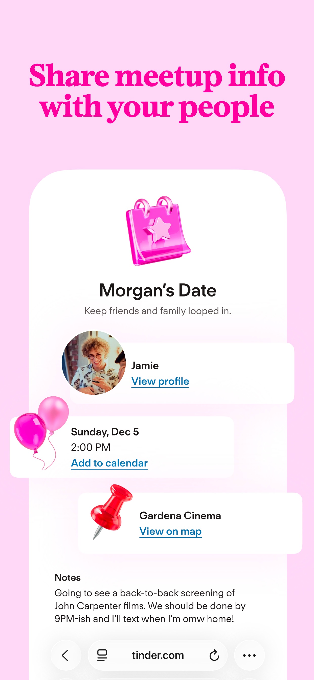 Tinder App Store screenshot 10: Share meetup info with your people