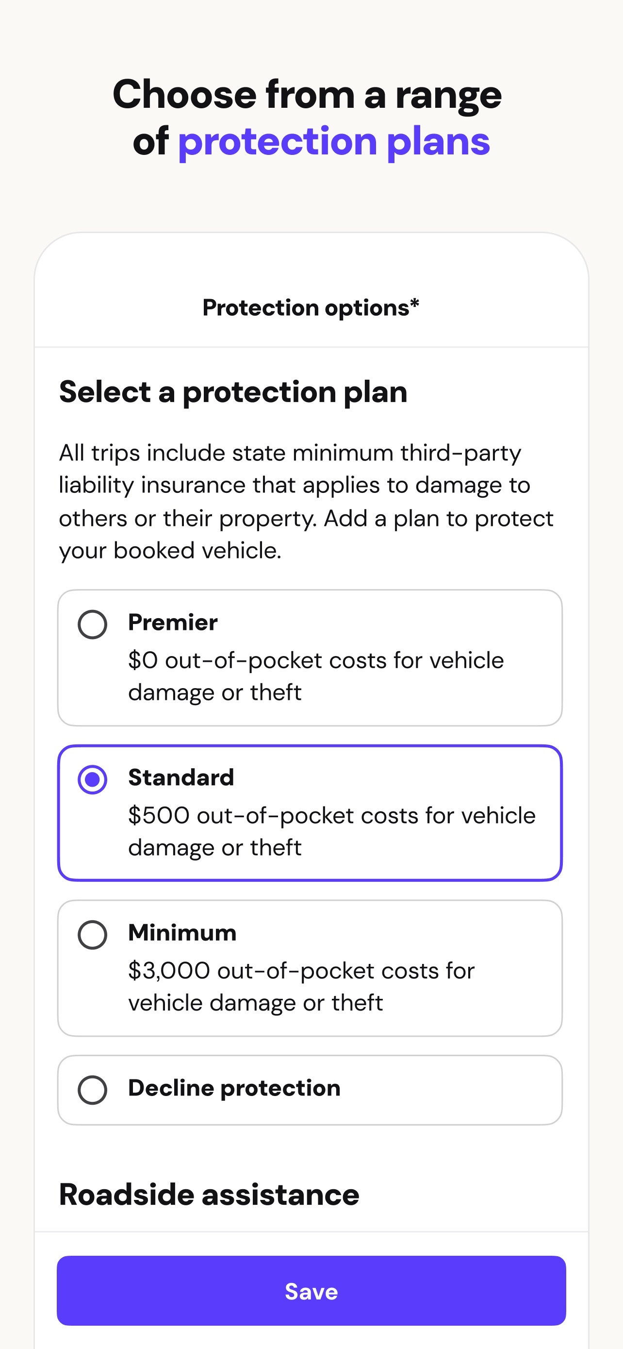 Turo App Store screenshot 6: Choose from a range of protection plans