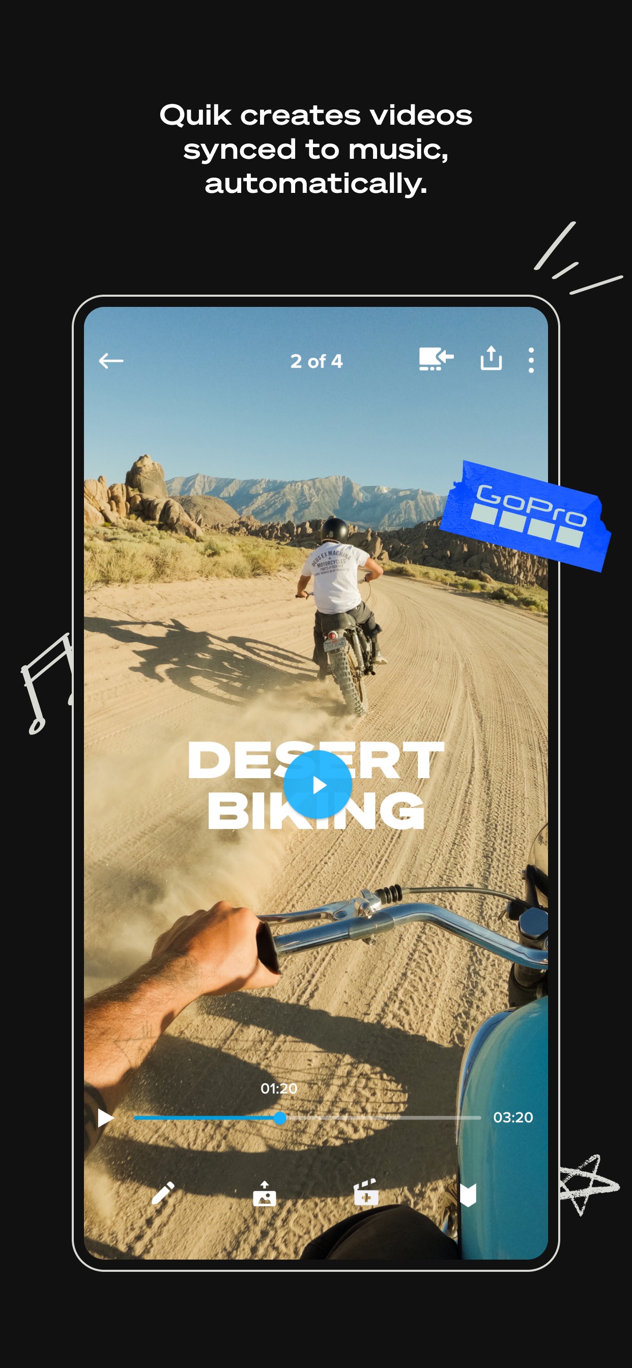 GoPro Quik App Store screenshot: Quik creates videos synced to music, automatically.