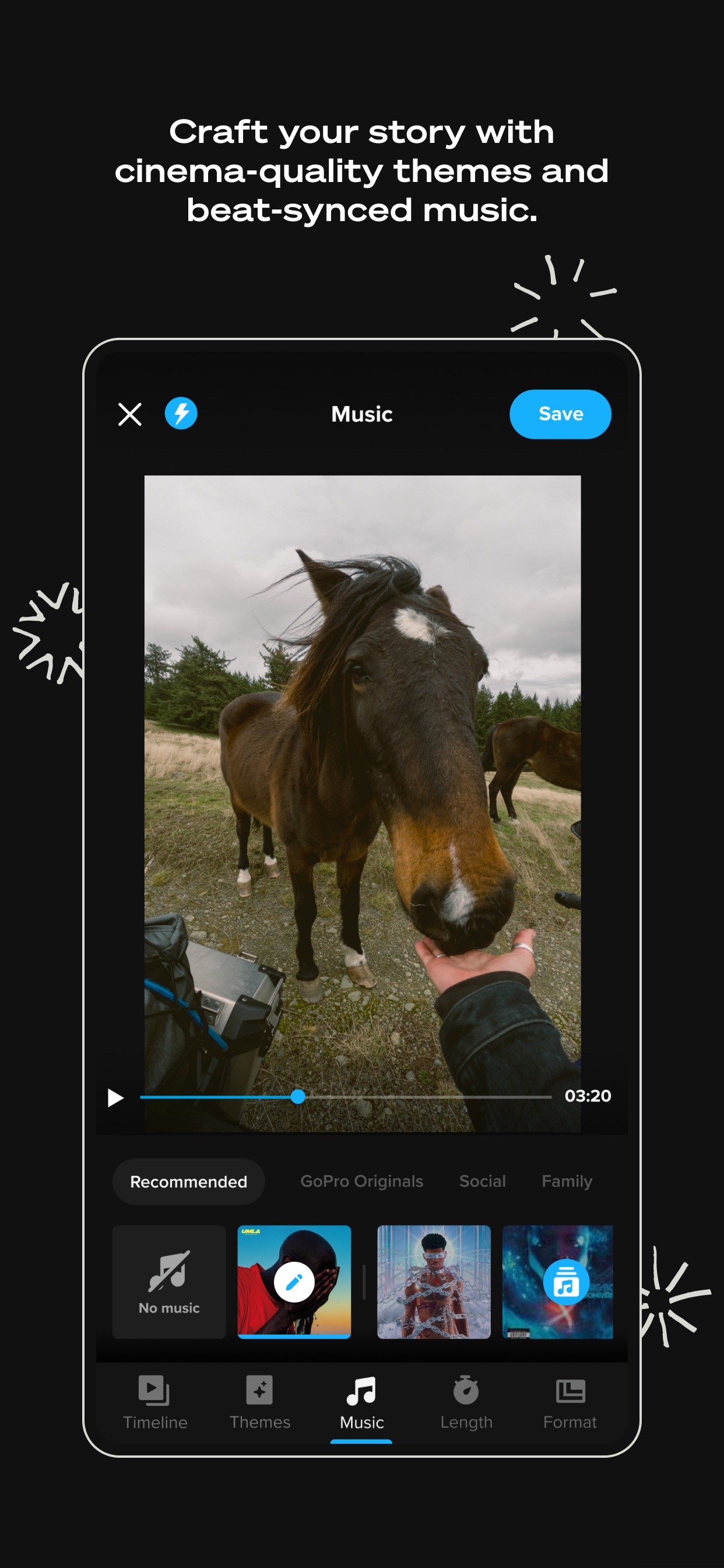 GoPro Quik App Store screenshot: Craft your story with cinema-quality themes and beat-synced music.