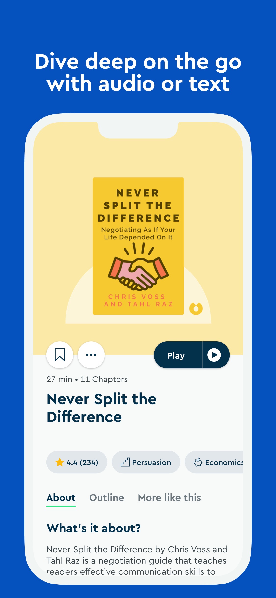 Blinkist App Store screenshot: Dive deep on the go with audio or text