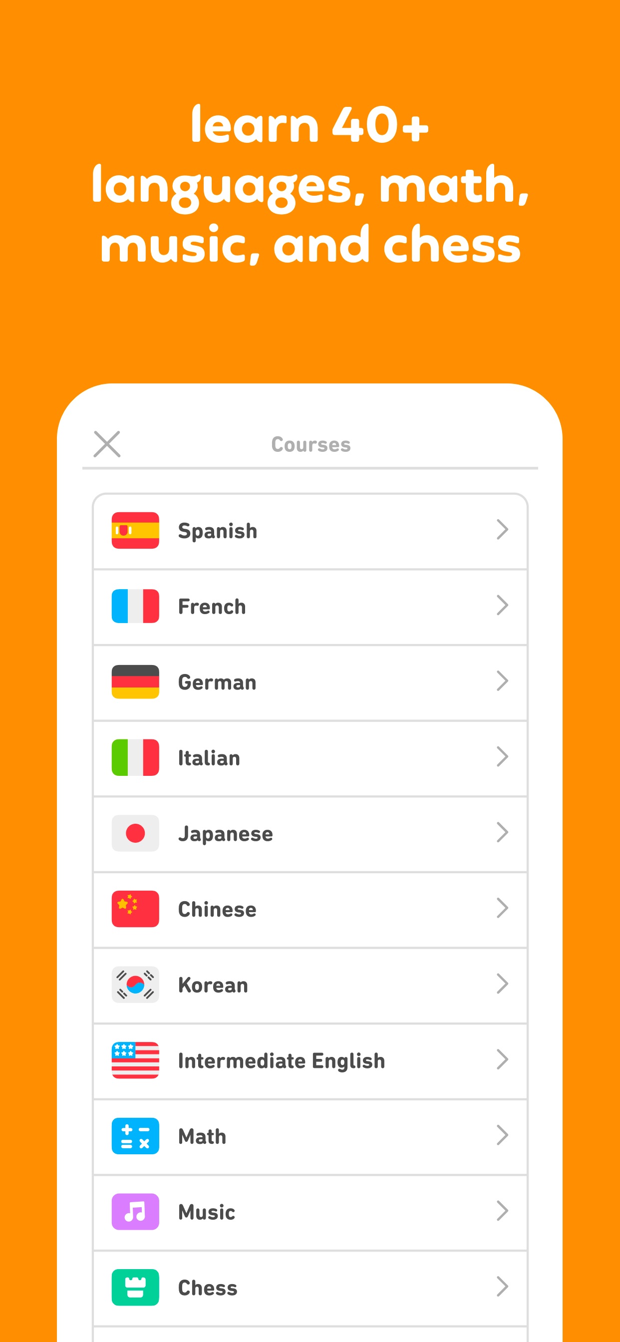 Duolingo App Store screenshot: learn 40+ languages, math, music, and chess