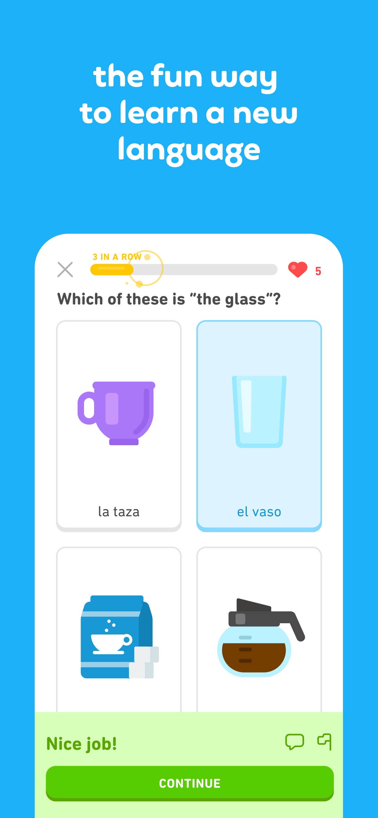 Duolingo App Store screenshot: the fun way to learn a new language