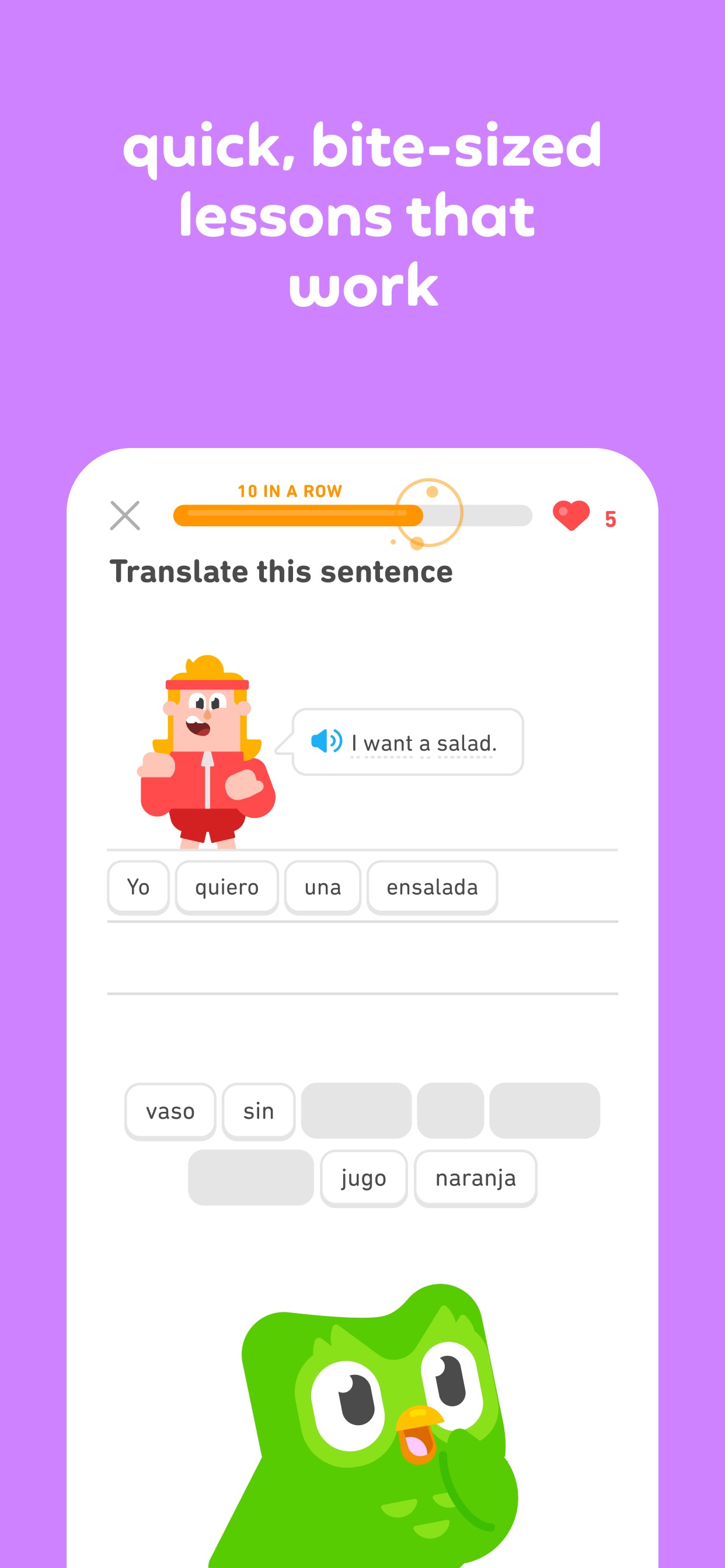 Duolingo App Store screenshot: quick, bite-sized lessons that work