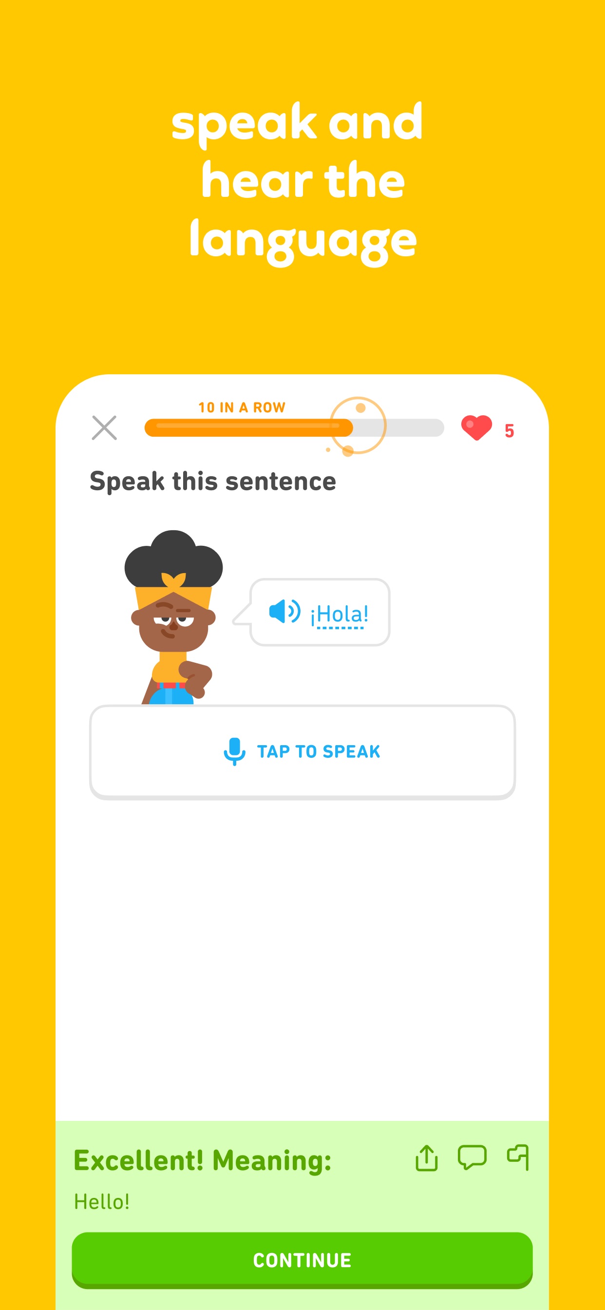 Duolingo App Store screenshot: speak and hear the language