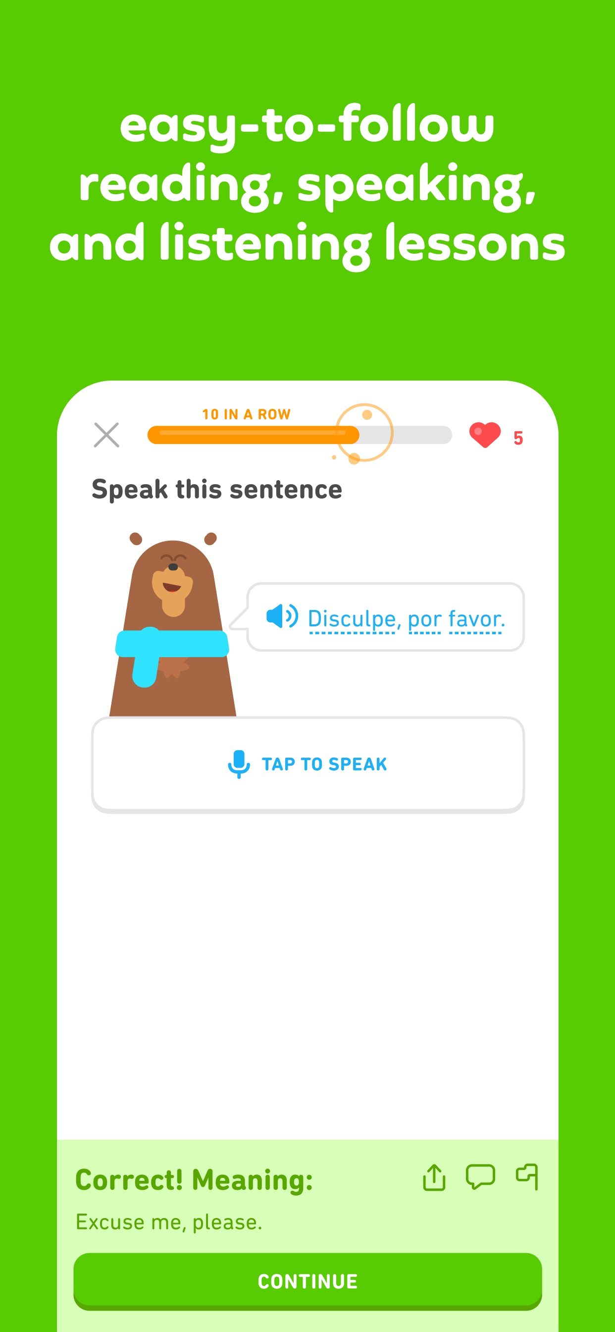 Duolingo App Store screenshot: easy-to-follow reading, speaking, and listening lessons