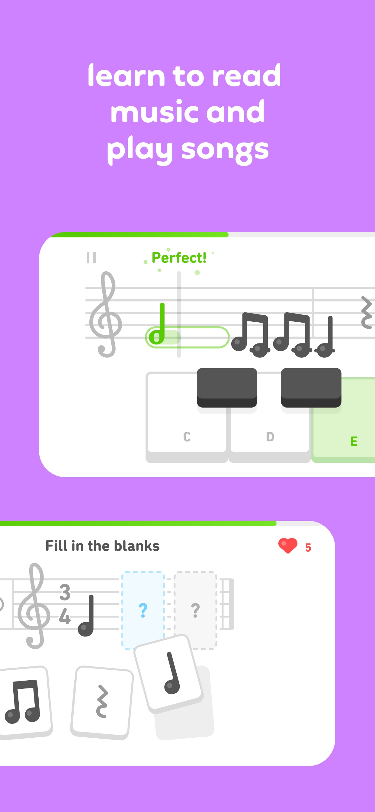 Duolingo App Store screenshot: learn to read music and play songs