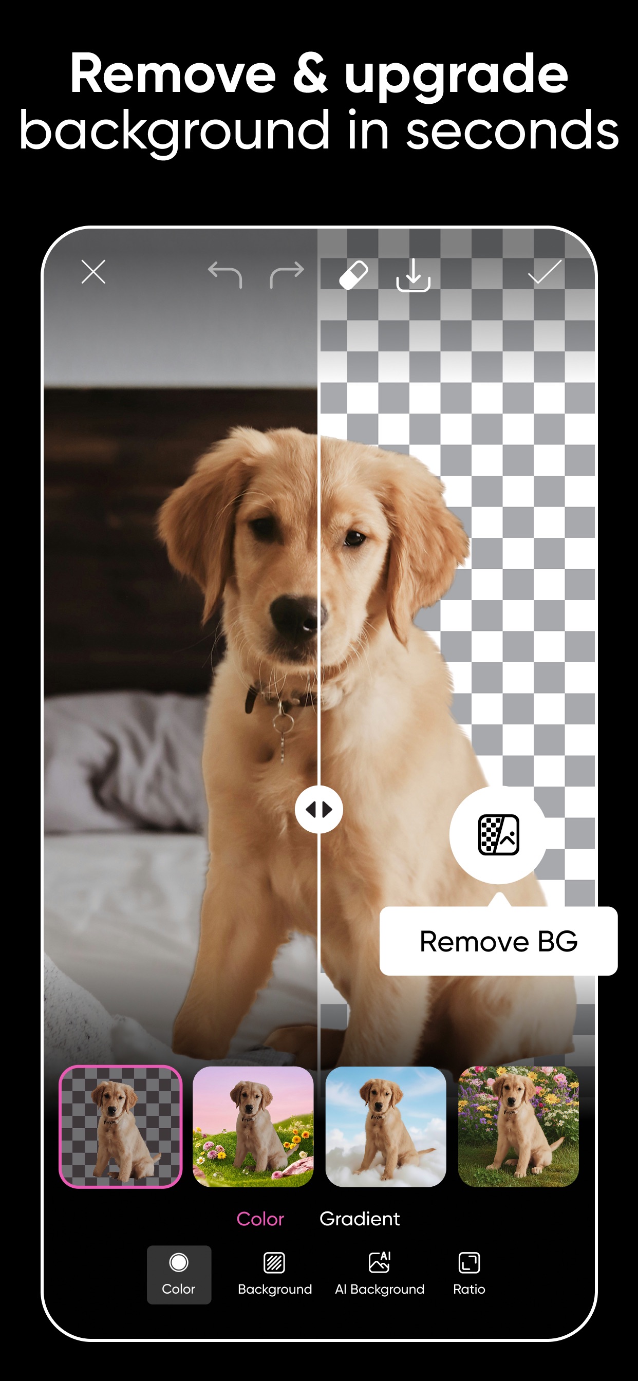 Picsart App Store screenshot: Remove & upgrade background in seconds