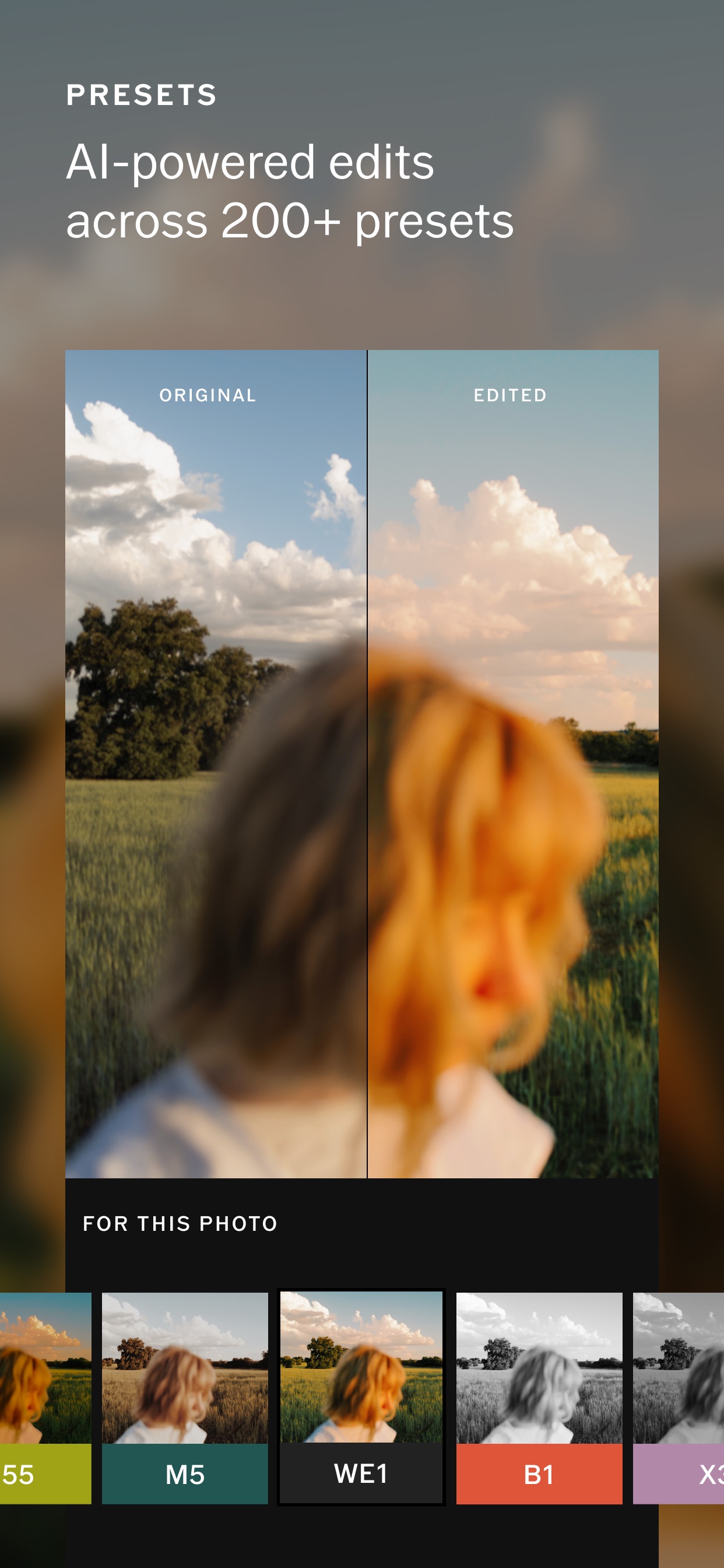 VSCO App Store screenshot: PRESETS

AI-powered edits across 200+ presets