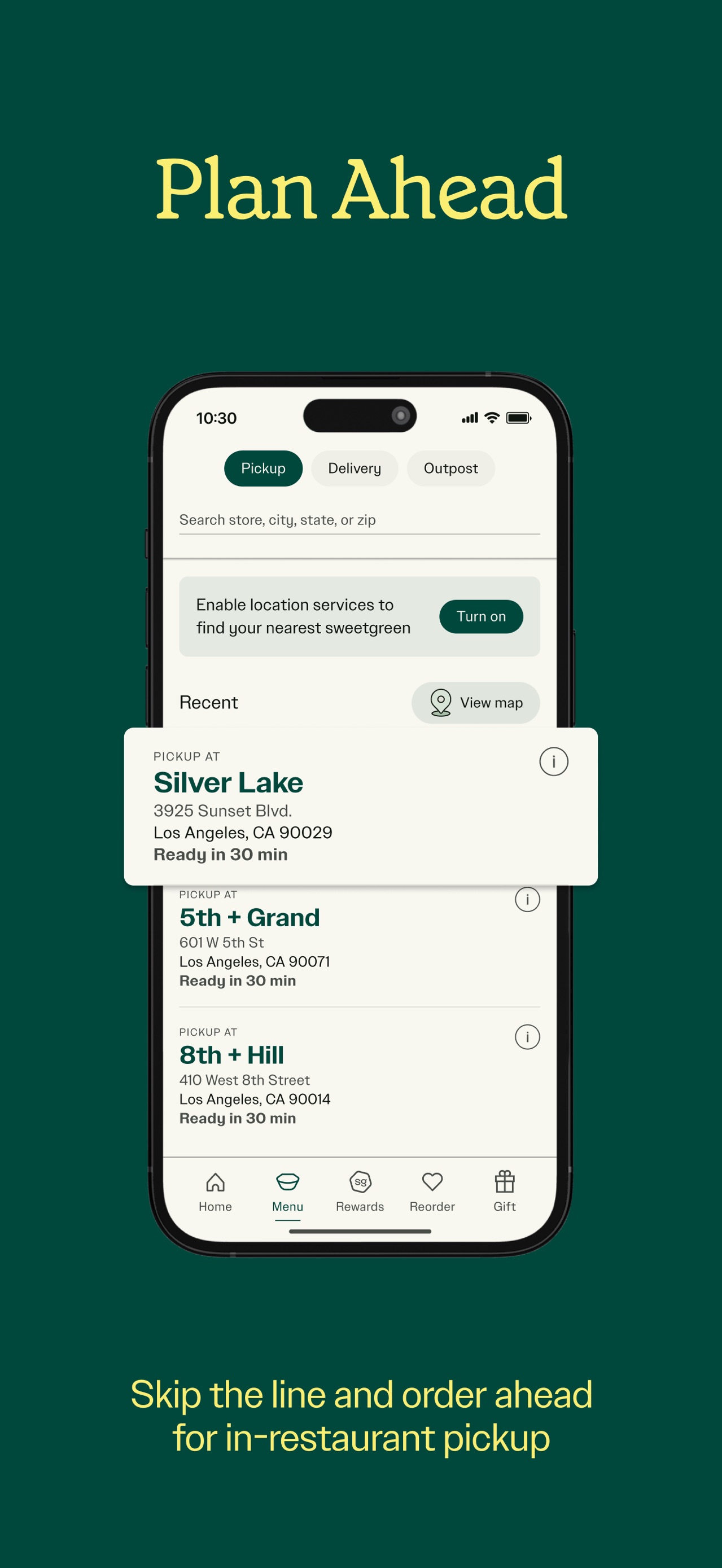 sweetgreen App Store screenshot: Plan Ahead

Skip the line and order ahead for in-restaurant pickup