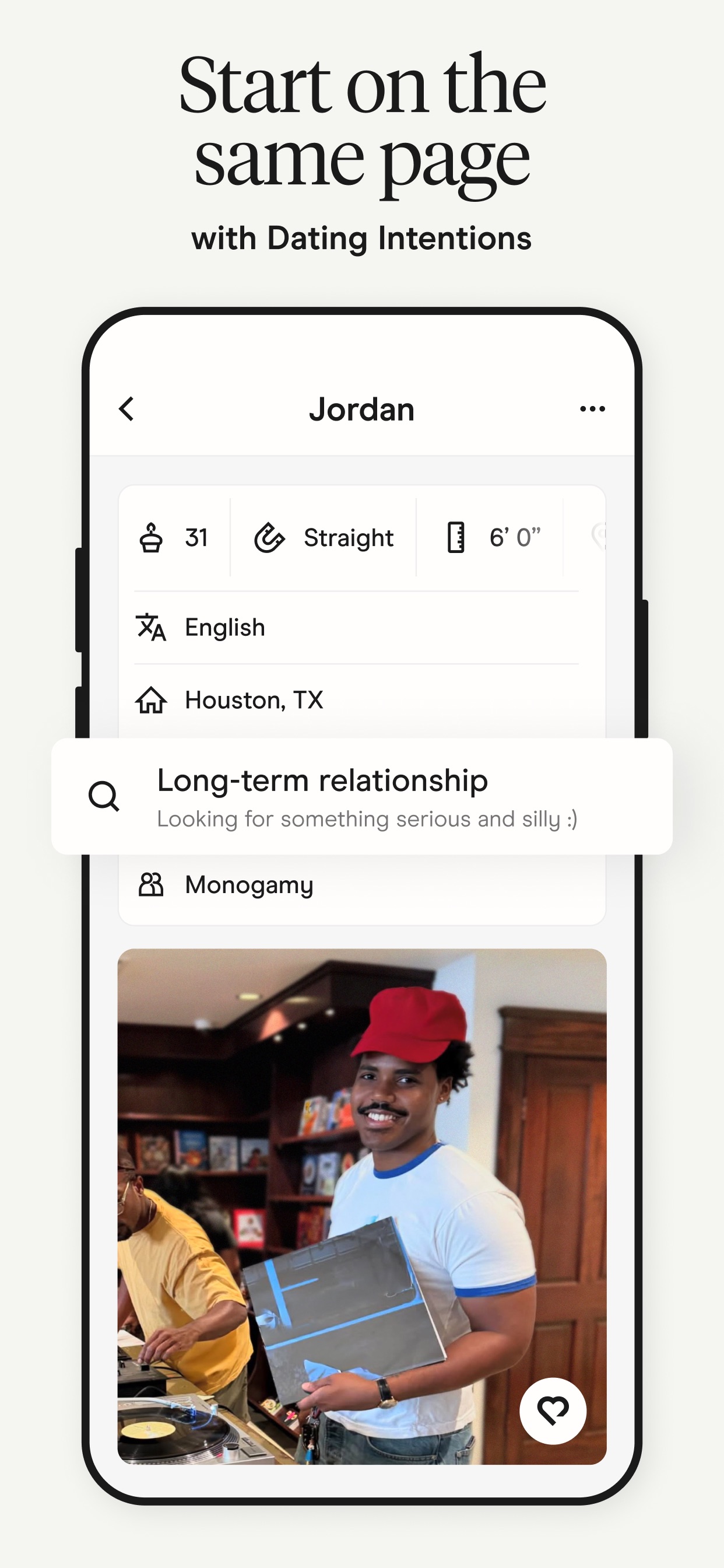 Hinge App Store screenshot: Start on the same page with Dating Intentions