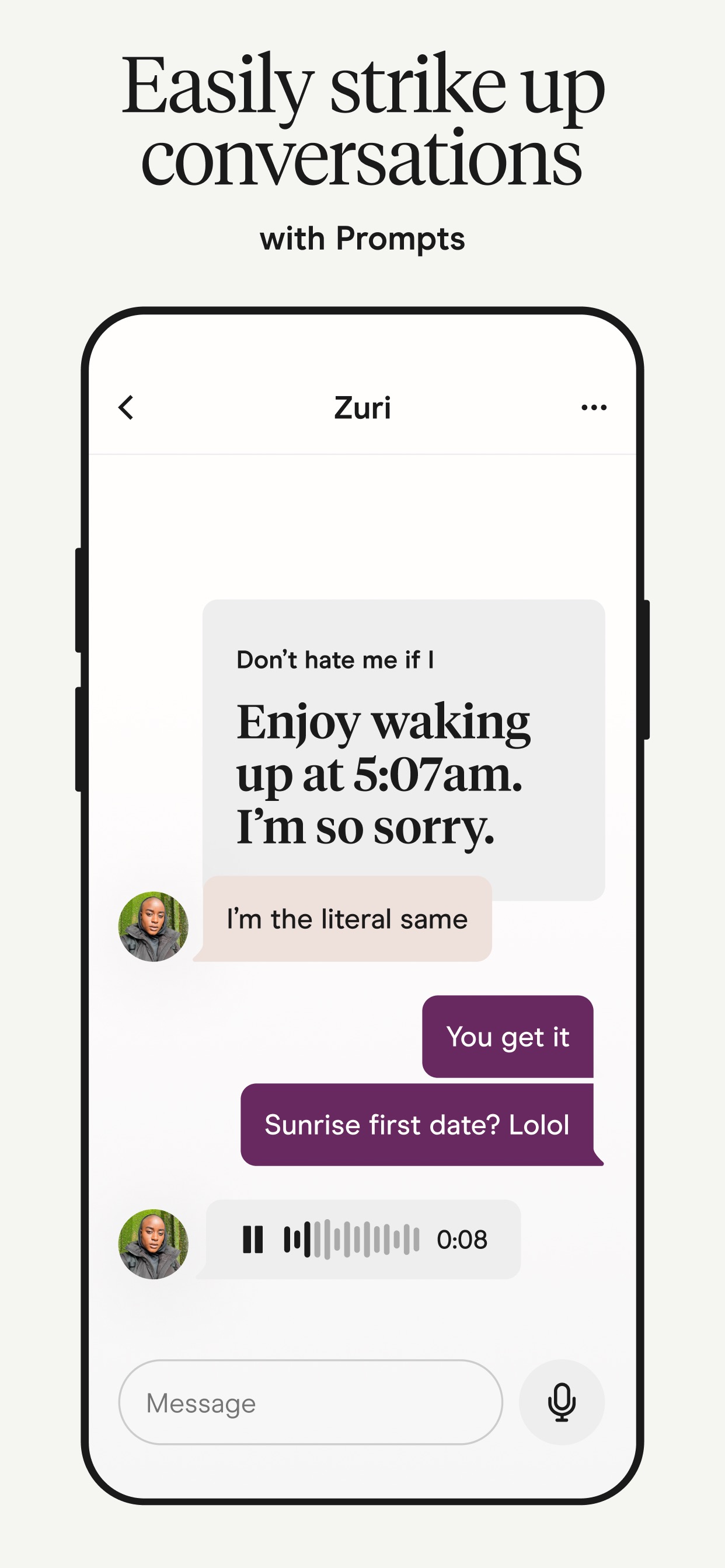 Hinge App Store screenshot 5: Easily strike up conversations with Prompts