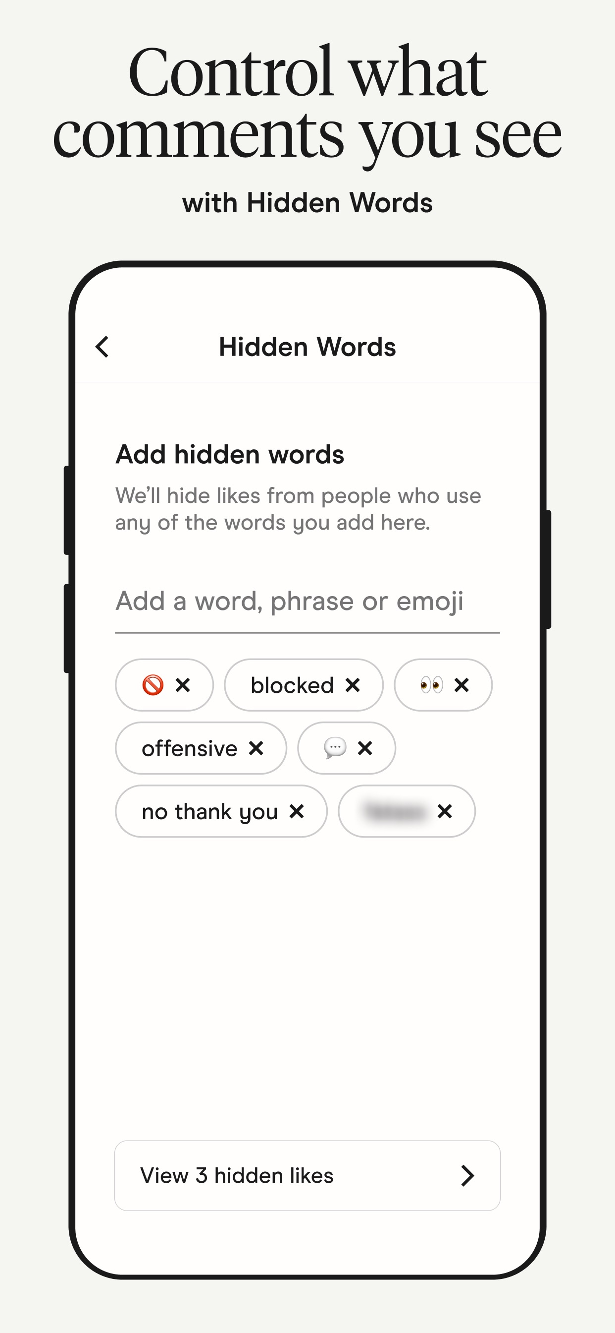 Hinge App Store screenshot 7: Control what comments you see with Hidden Words