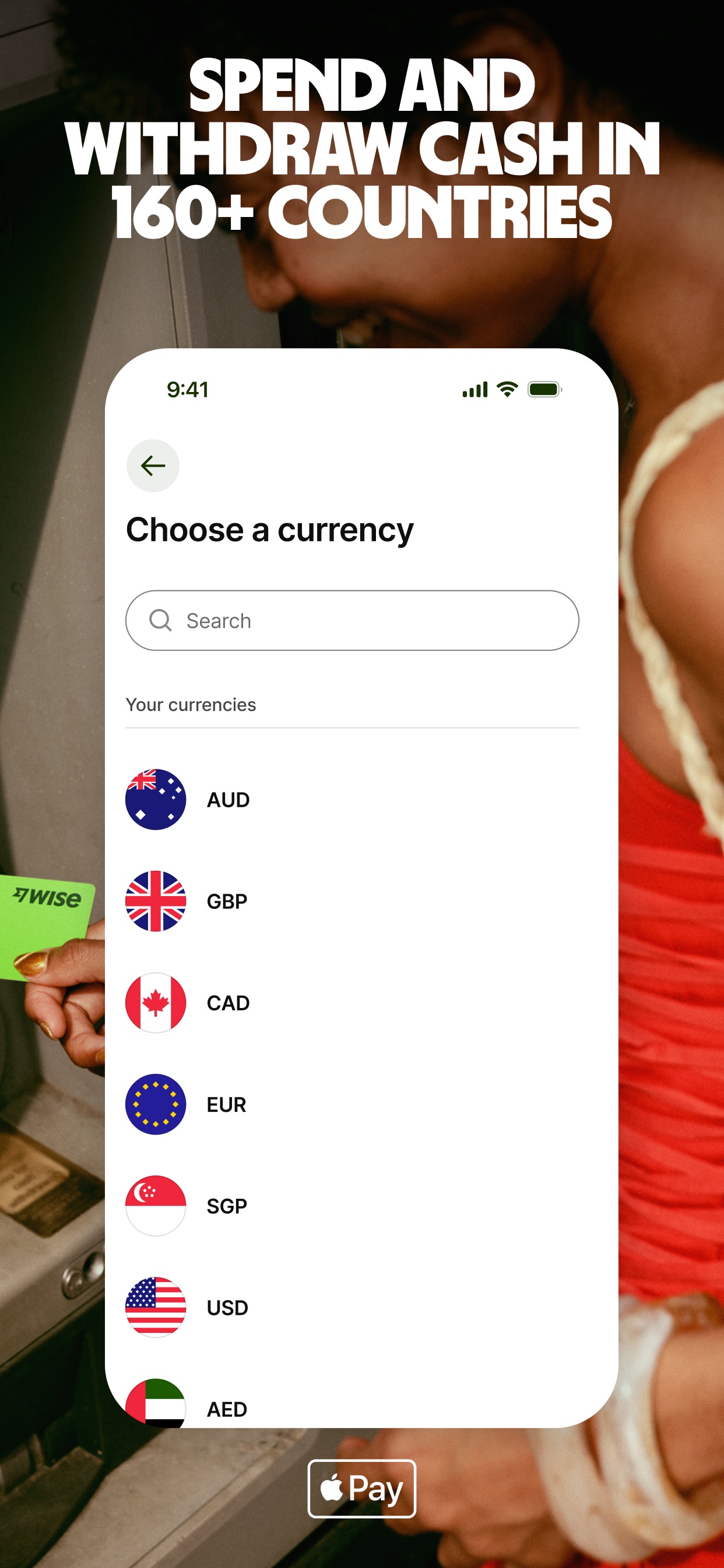 Wise App Store screenshot: SPEND AND WITHDRAW CASH IN 160+ COUNTRIES