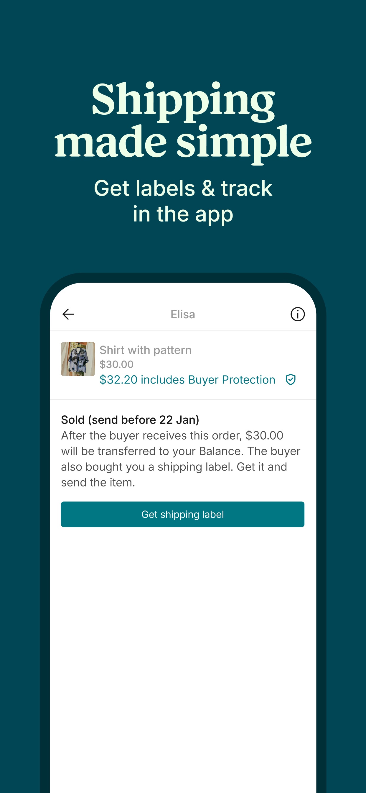 Vinted App Store screenshot 5: Shipping made simple 
 Get labels & track in the app